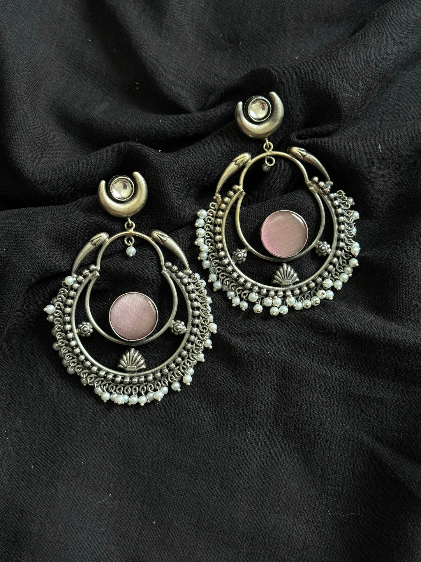 Handmade Chandbali with Pearl Beads - Pink - YCOSEC08
