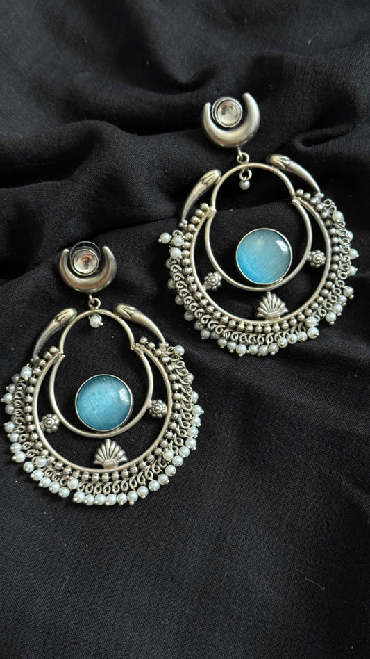 Handmade Chandbali with Pearl Beads - Aqua Blue - YCOSEC11