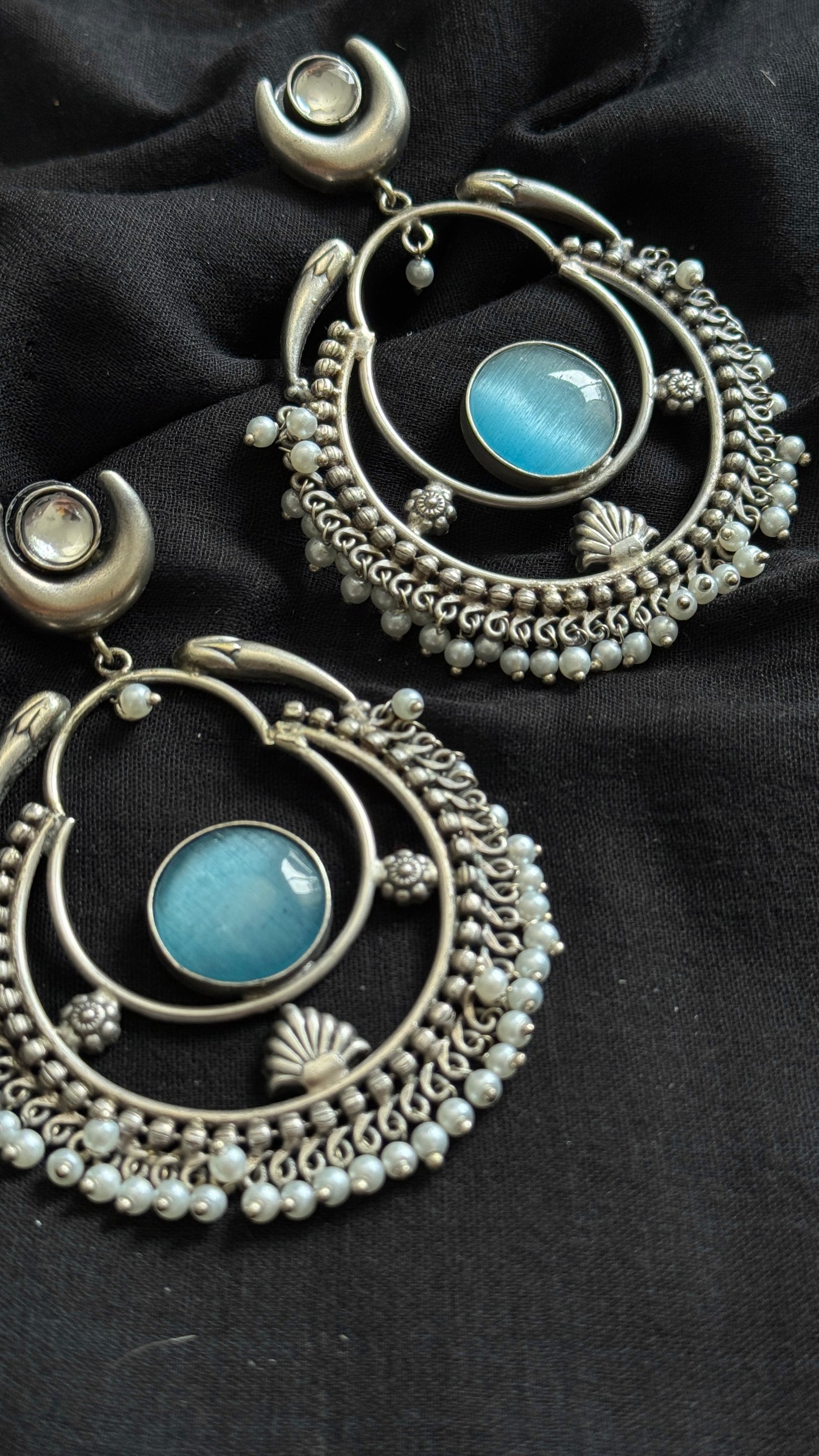 Handmade Chandbali with Pearl Beads - Aqua Blue - YCOSEC11