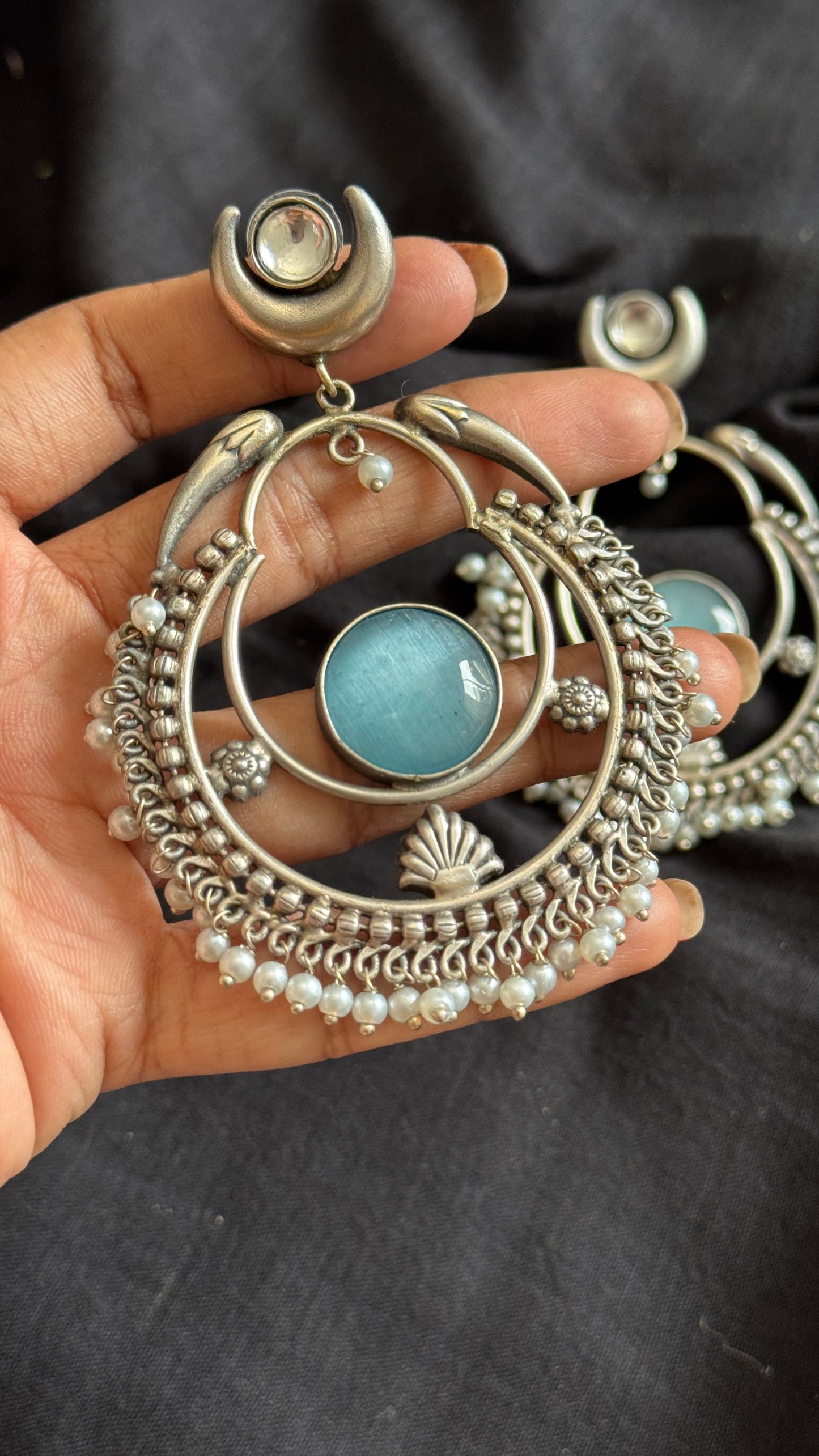 Handmade Chandbali with Pearl Beads - Aqua Blue - YCOSEC11