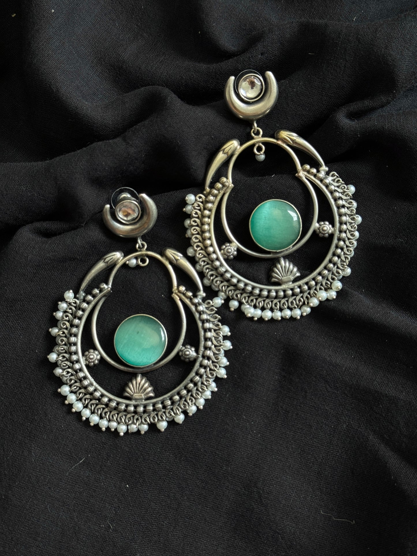 Handmade Chandbali with Pearl Beads - mint - YCOSEC13