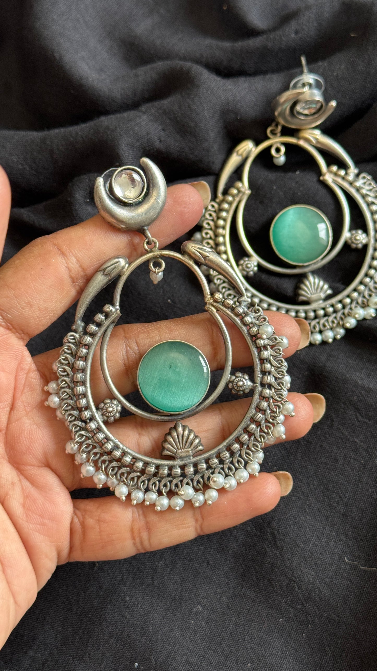 Handmade Chandbali with Pearl Beads - mint - YCOSEC13
