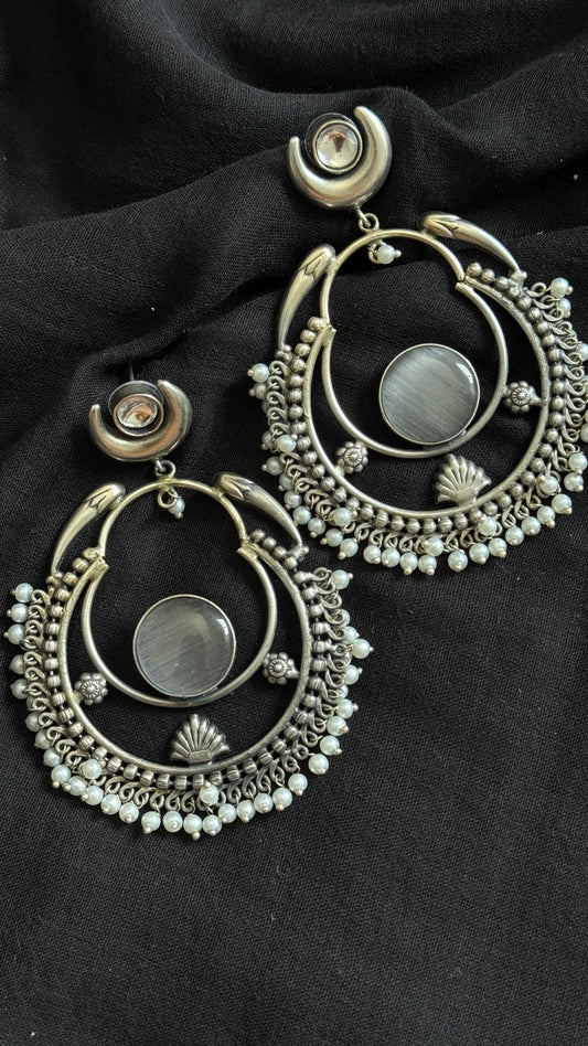 Handmade Chandbali with Pearl Beads - grey - YCOSEC17