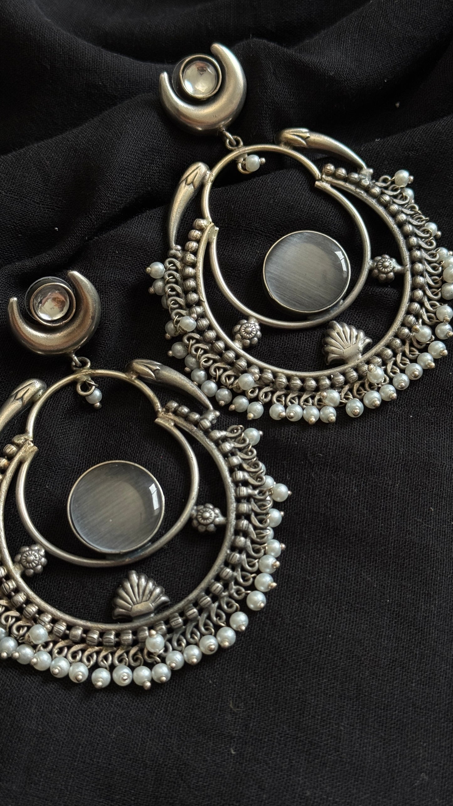 Handmade Chandbali with Pearl Beads - grey - YCOSEC17