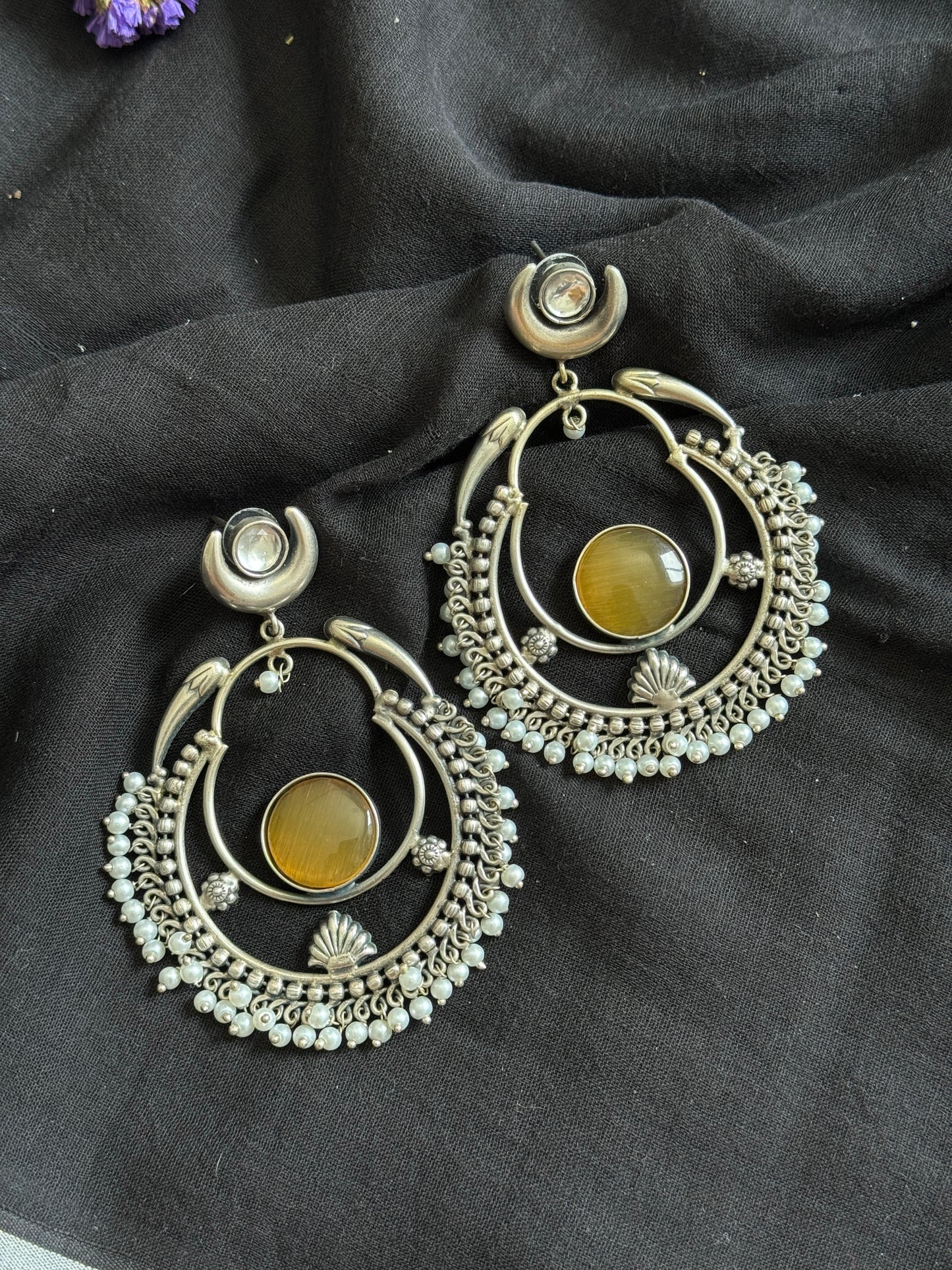 Handmade Chandbali with Pearl Beads - yellow - YCOSEC09