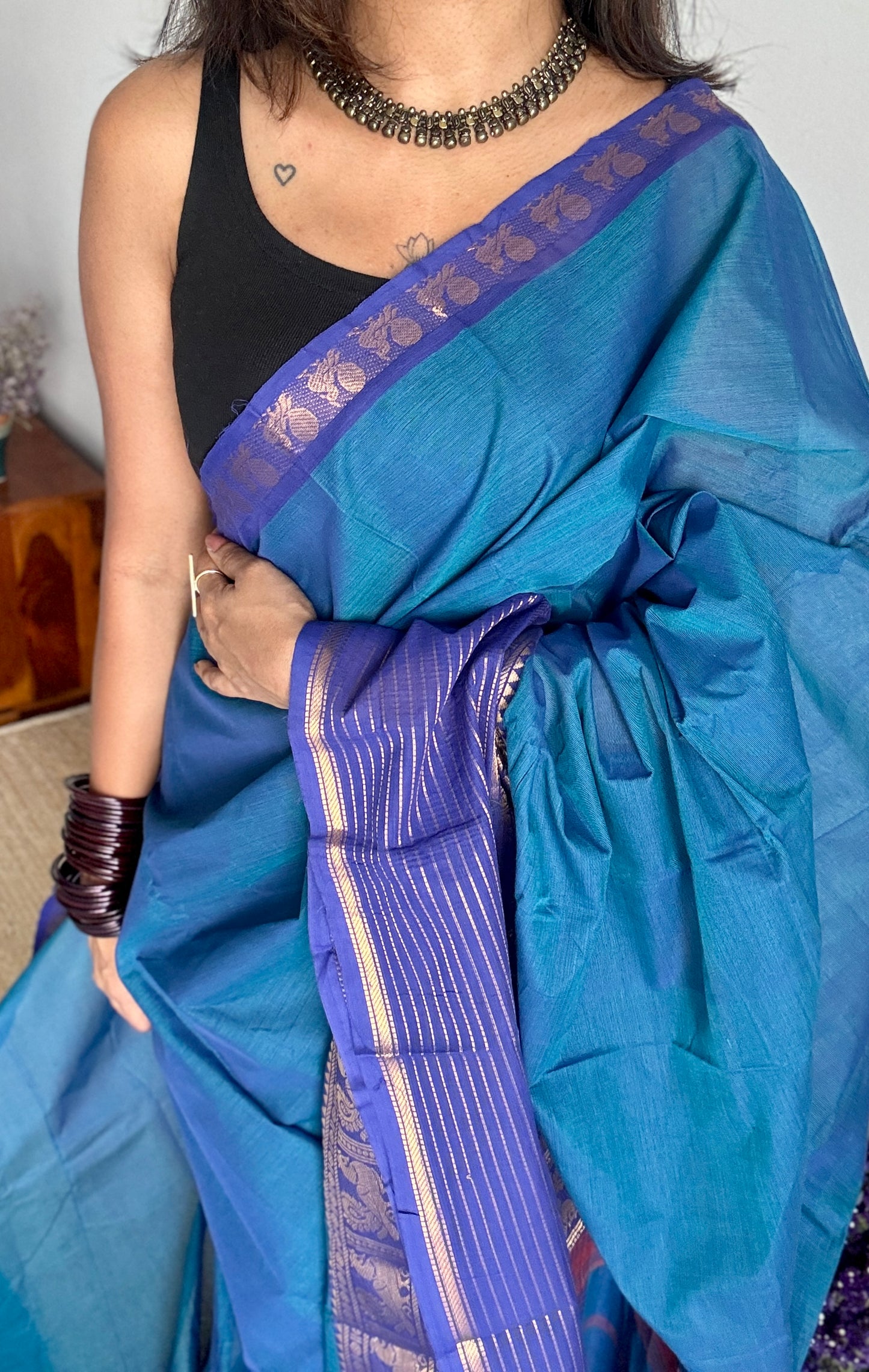 Blue with Violet, one side broad zari - Chettinad Soft Cotton - YCCL403