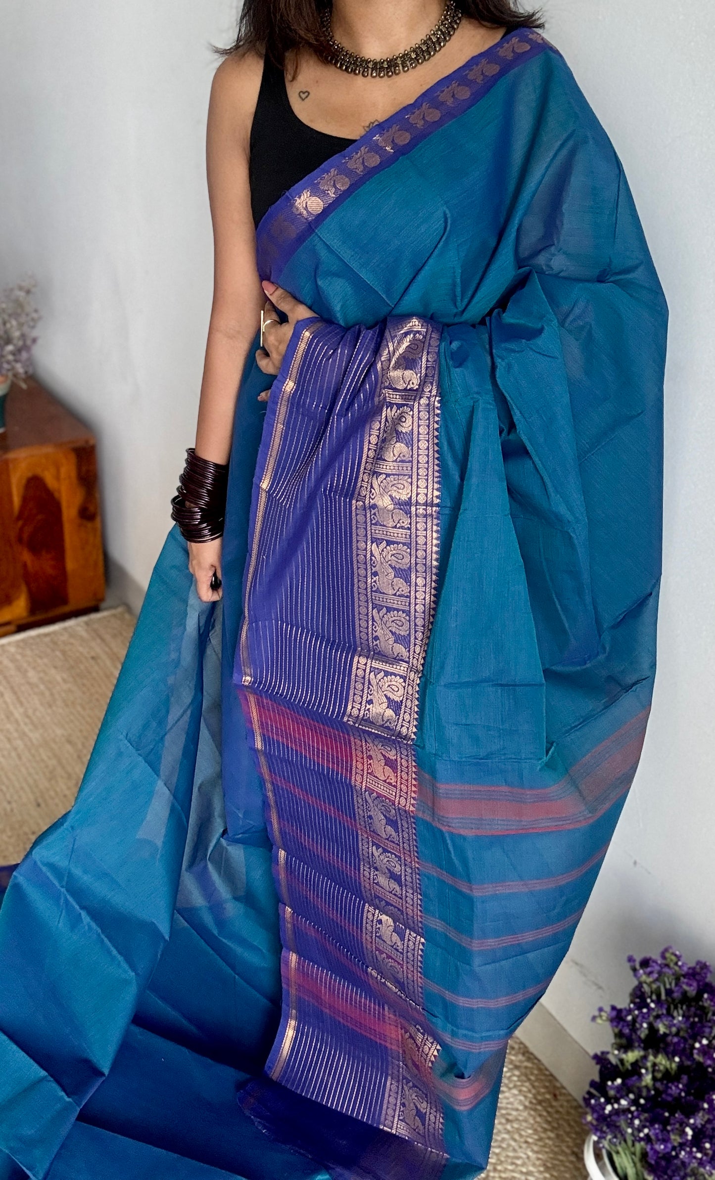Blue with Violet, one side broad zari - Chettinad Soft Cotton - YCCL403