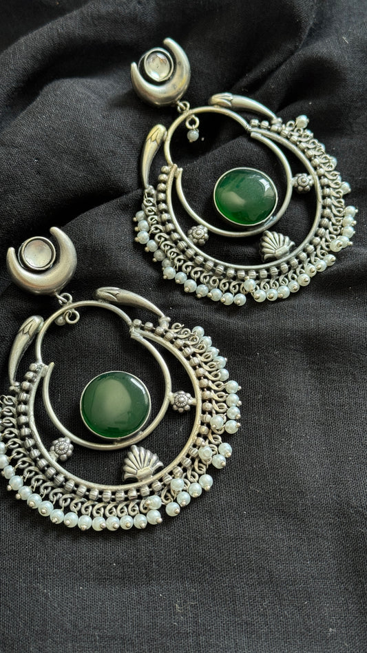 Handmade Chandbali with Pearl Beads - dark green - YCOSEC15
