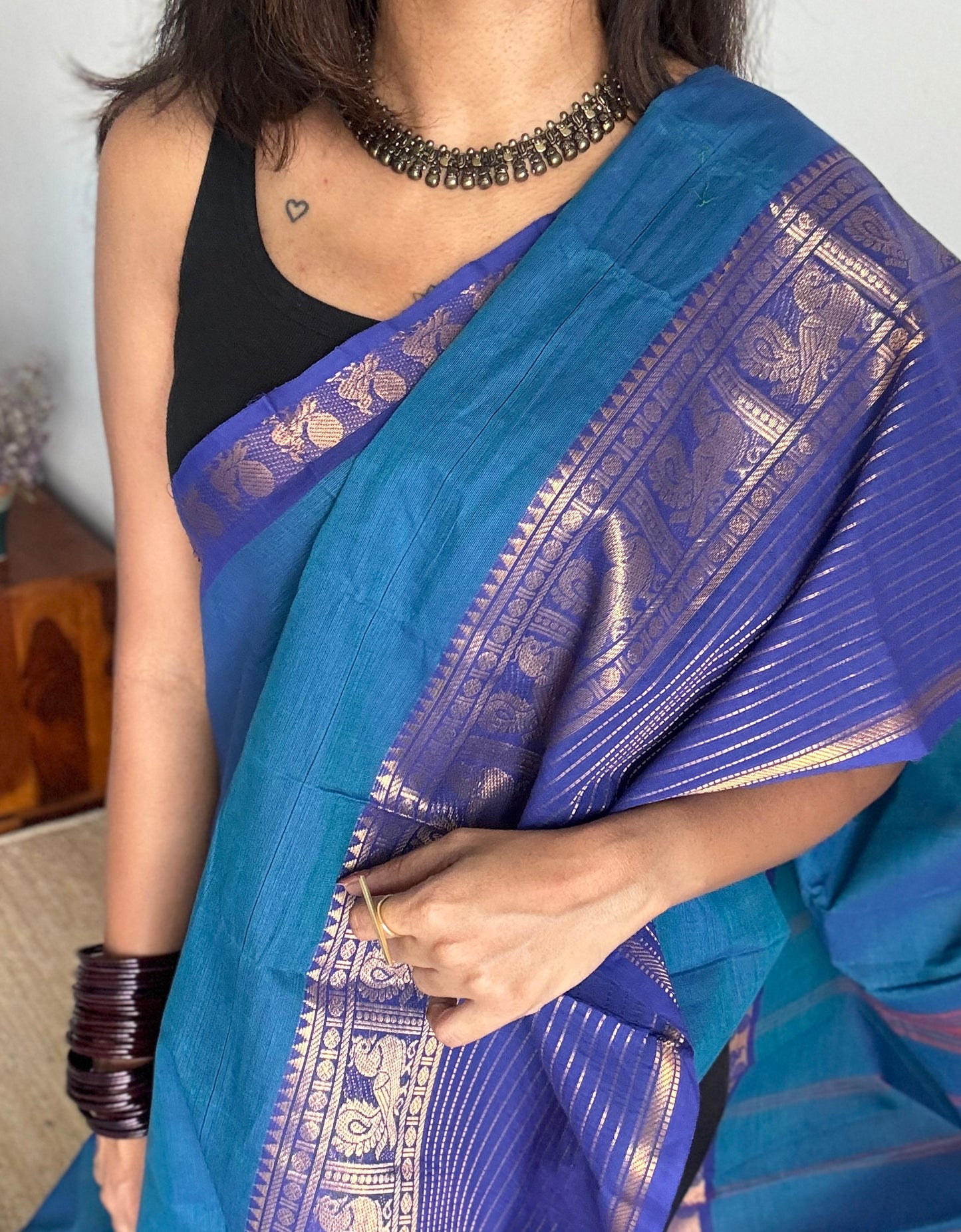 Blue with Violet, one side broad zari - Chettinad Soft Cotton - YCCL403