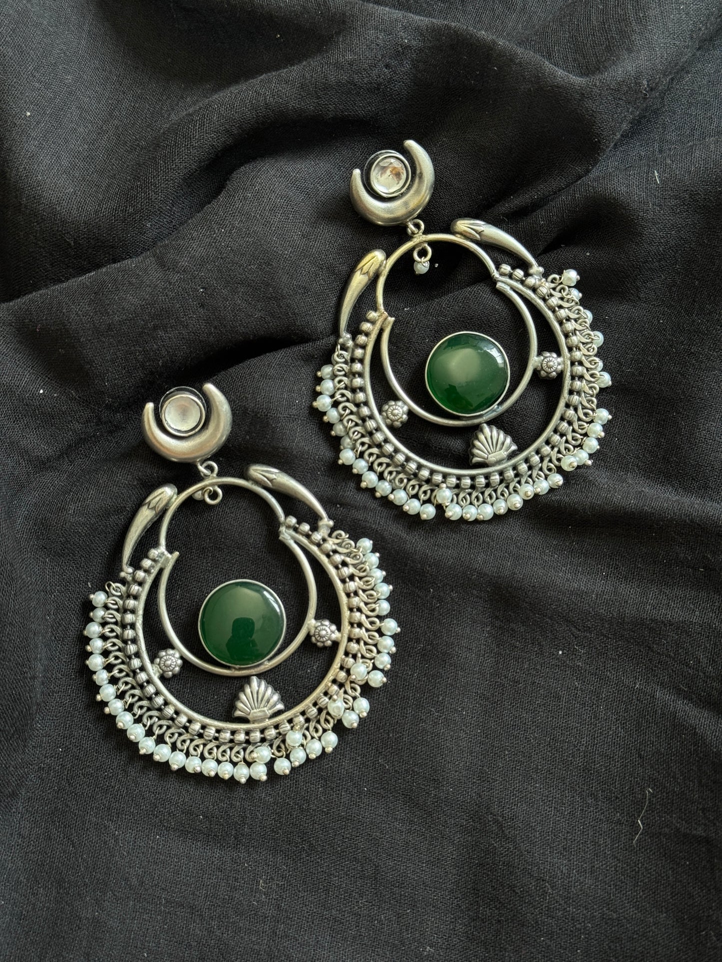 Handmade Chandbali with Pearl Beads - dark green - YCOSEC15