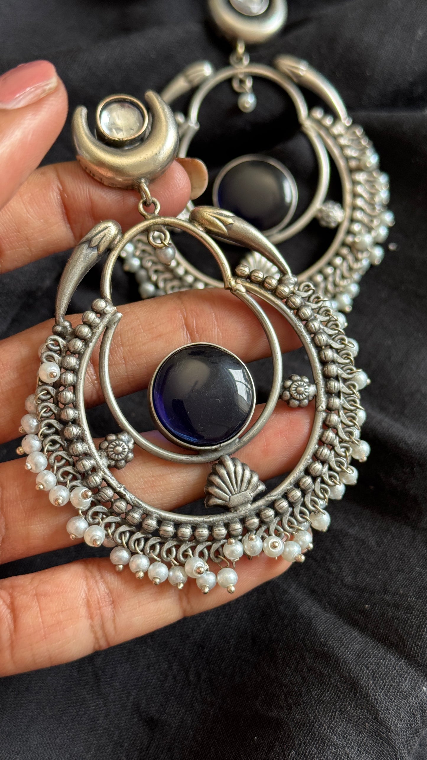 Handmade Chandbali with Pearl Beads - dark blue - YCOSEC02