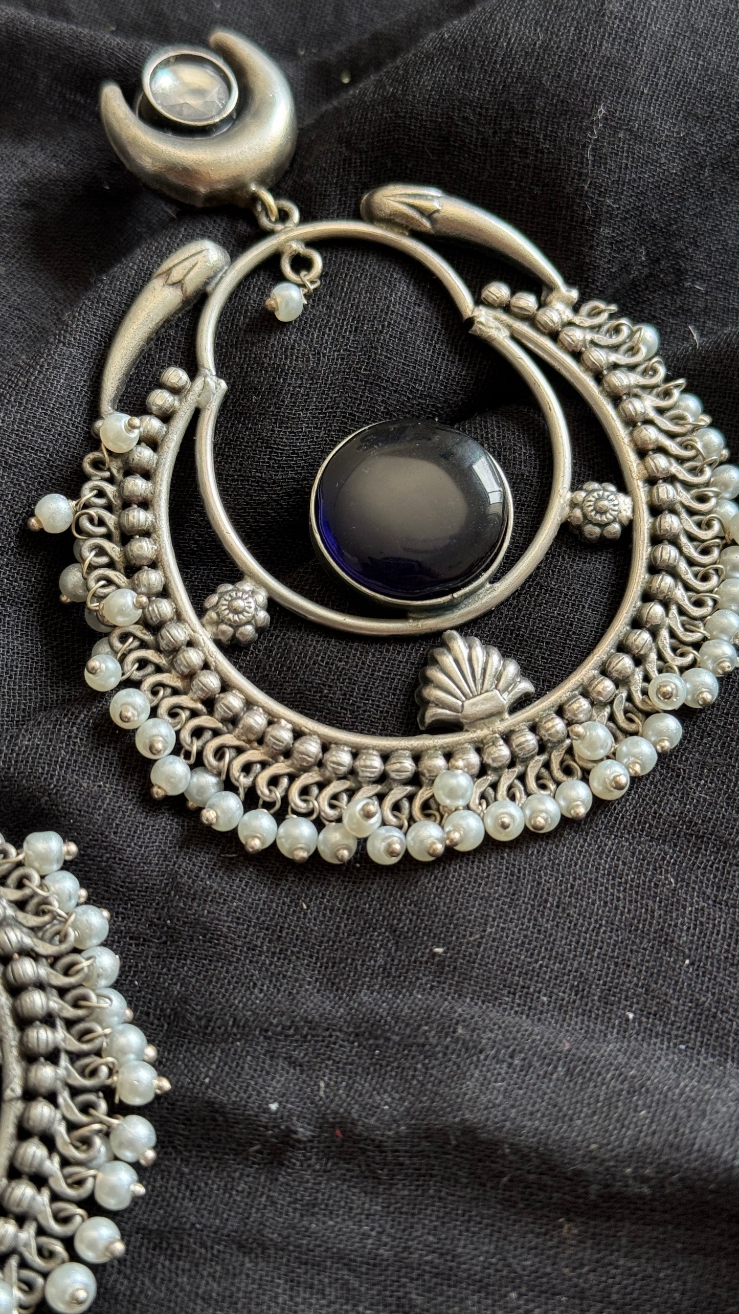 Handmade Chandbali with Pearl Beads - dark blue - YCOSEC02