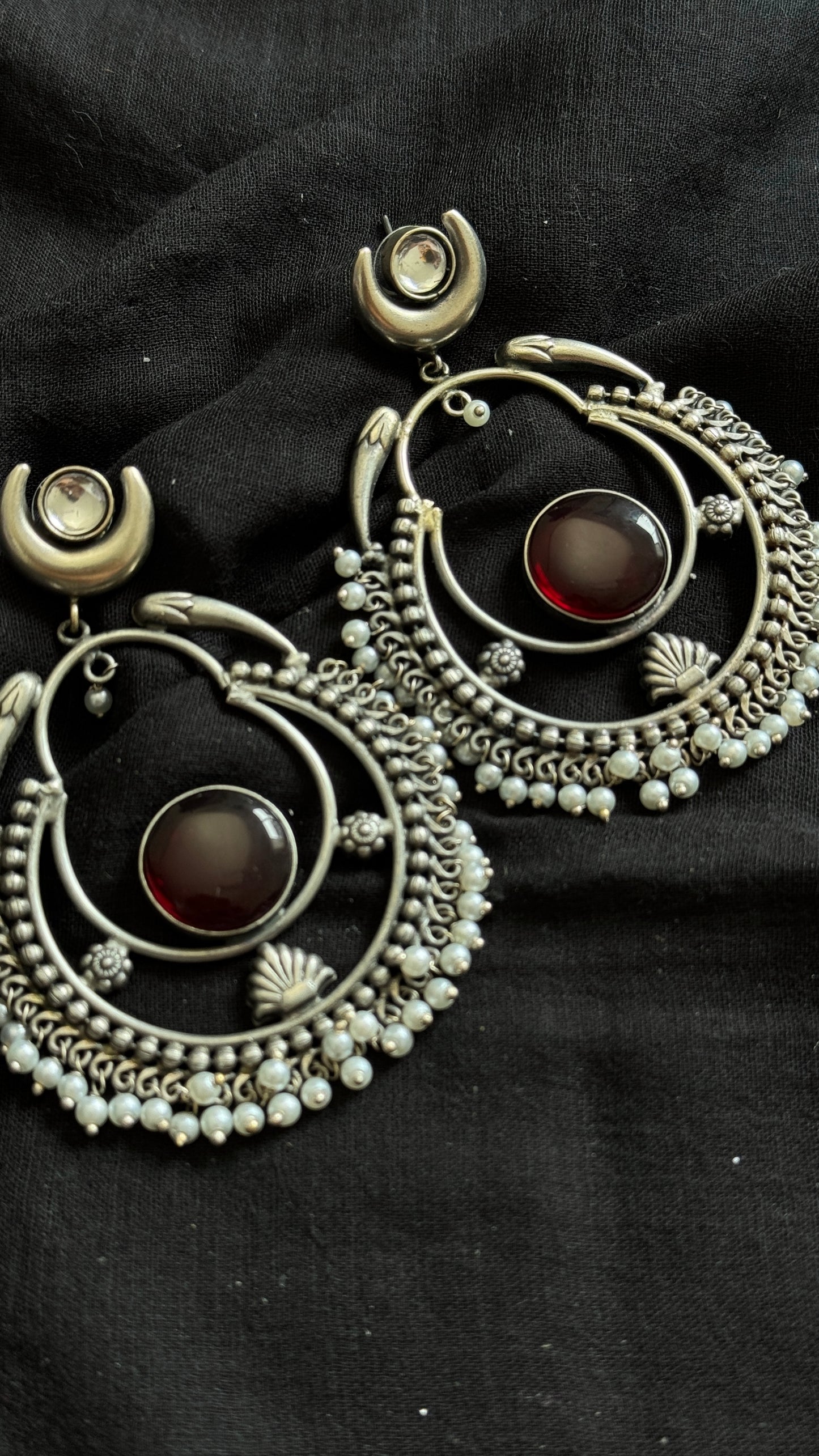 Handmade Chandbali with Pearl Beads - red - YCOSEC04