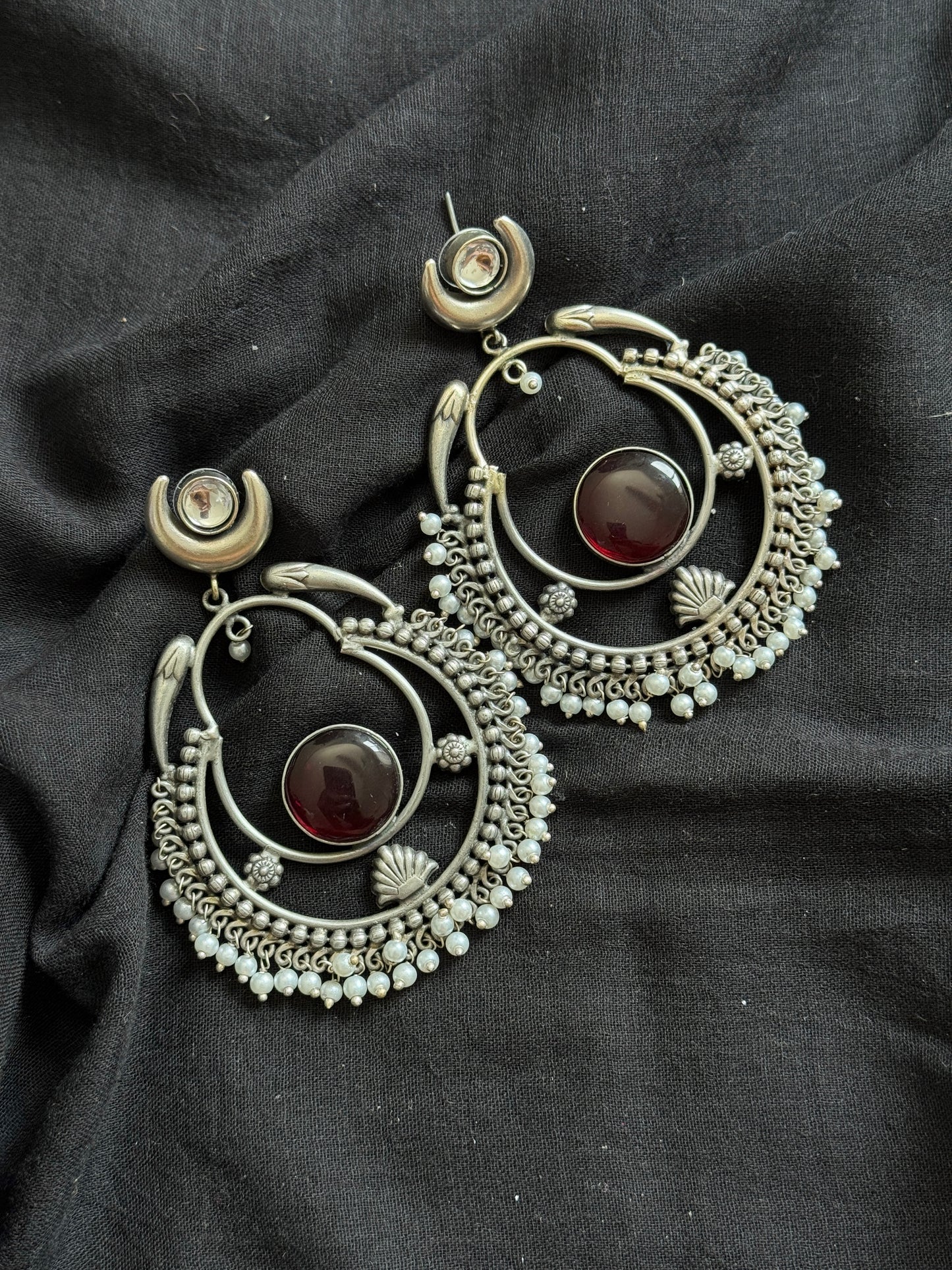 Handmade Chandbali with Pearl Beads - red - YCOSEC04