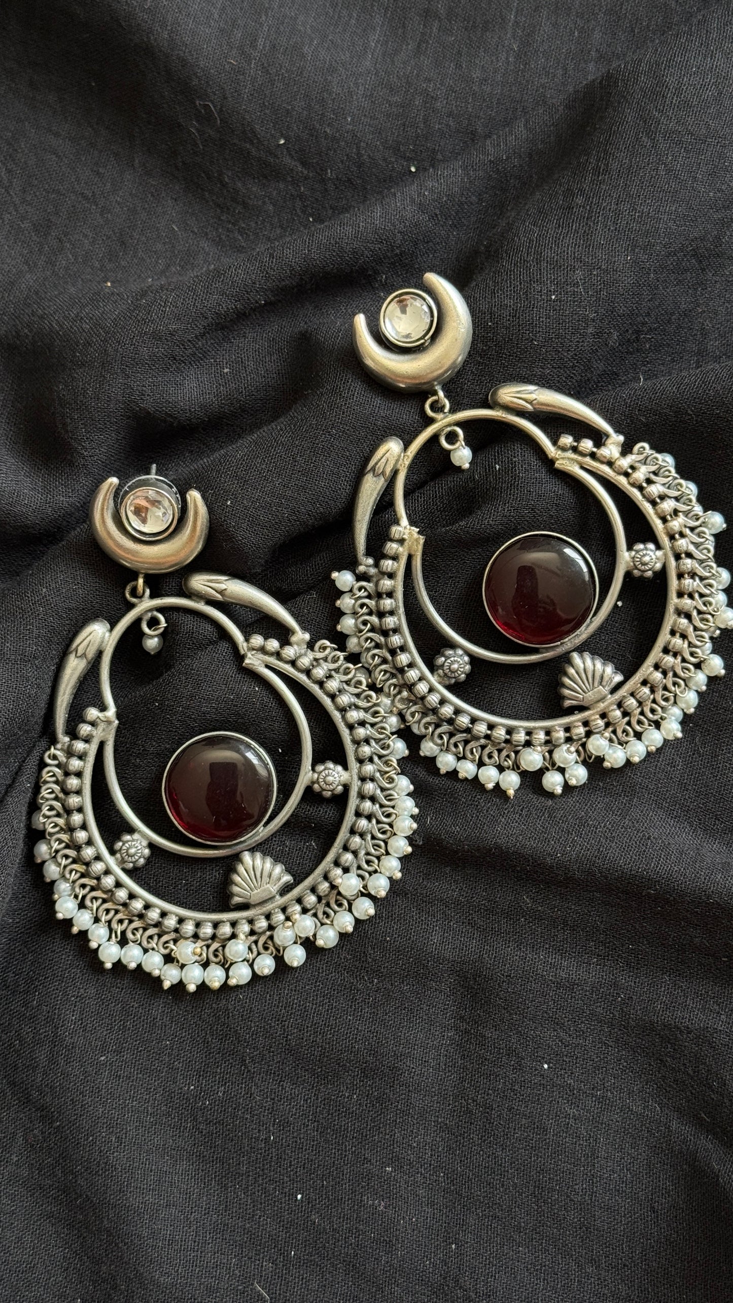 Handmade Chandbali with Pearl Beads - red - YCOSEC04