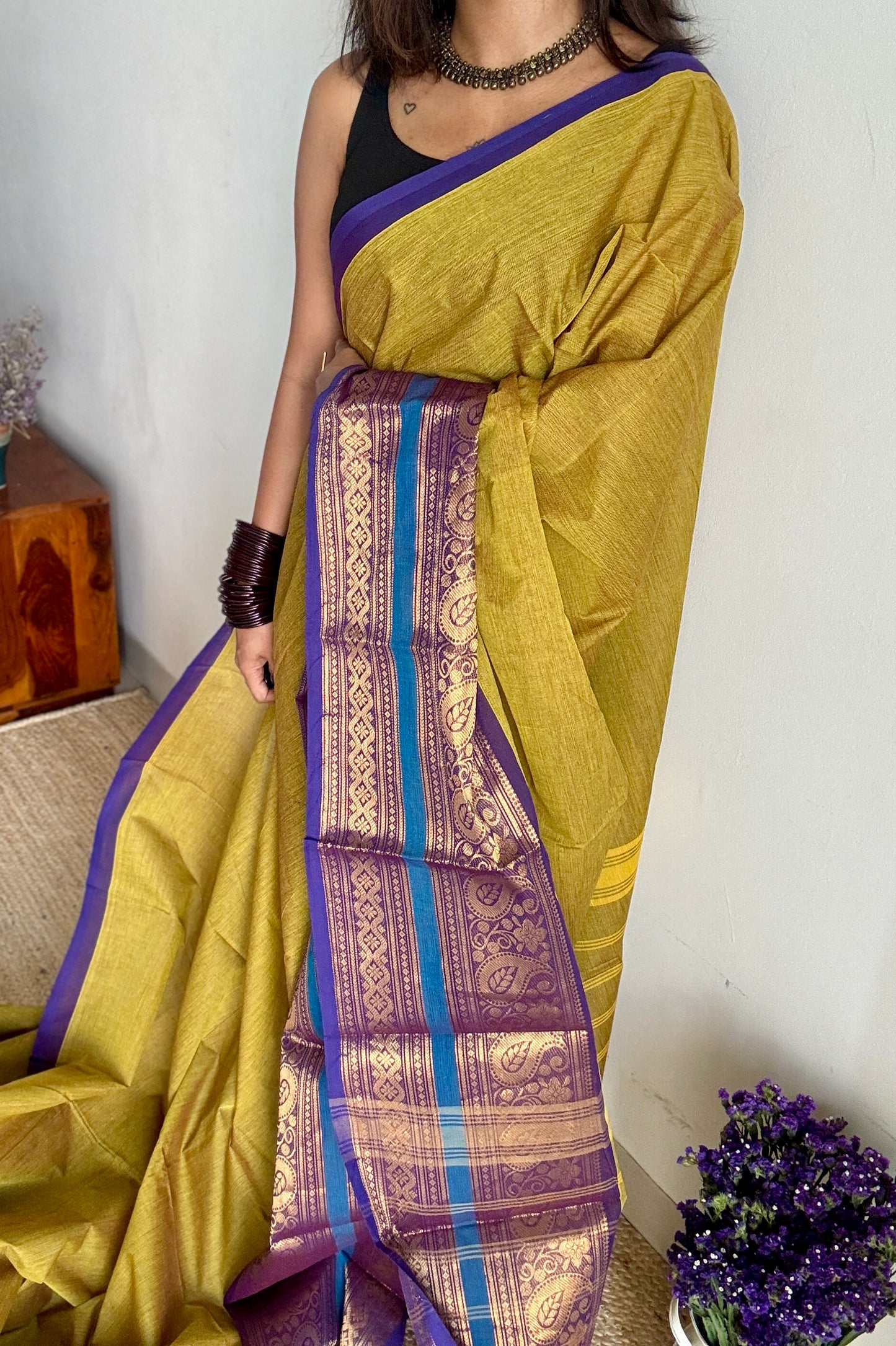 Parrot Green with one side broad zari - Chettinad Soft Cotton - YCCL407