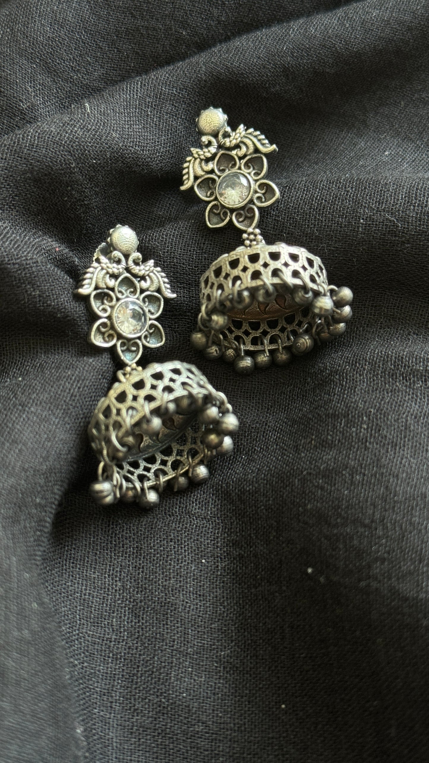 Small Jhumka - Silver & white stones