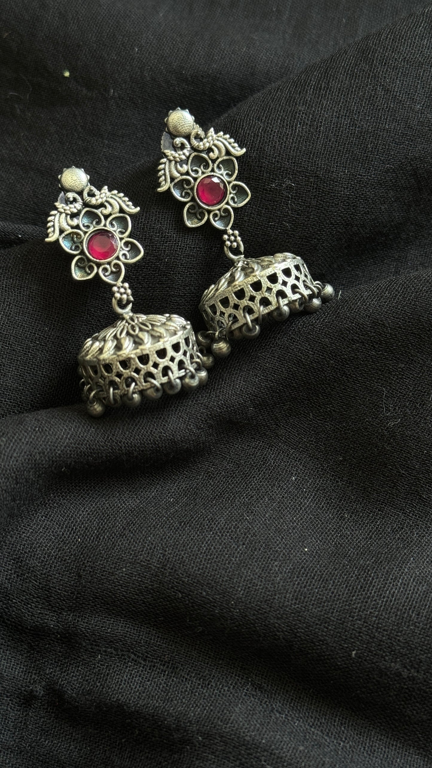 Small Jhumka - Silver & red stones