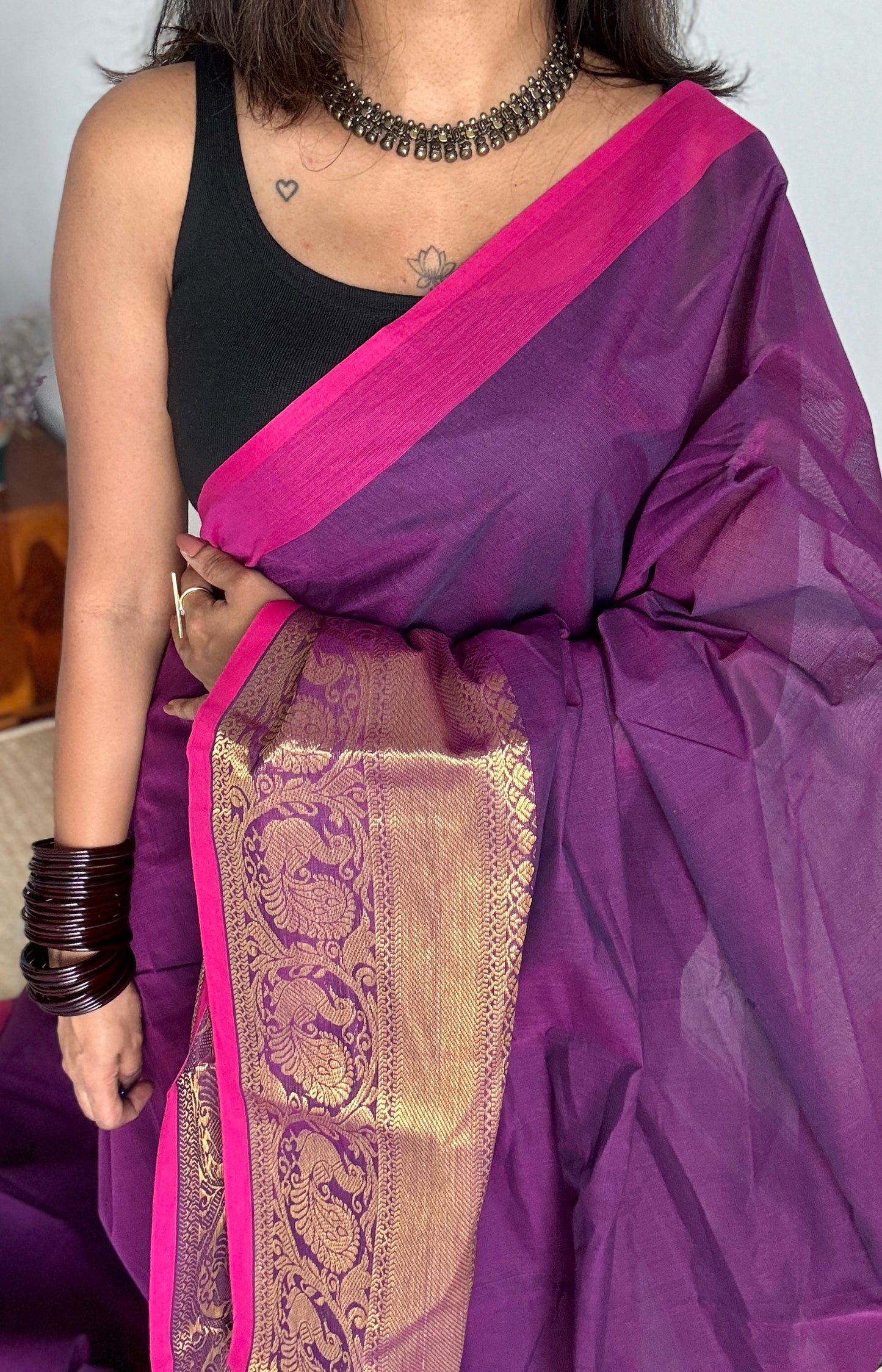 Purple Pink, one side broad zari - Chettinad Soft Cotton - YCCL406