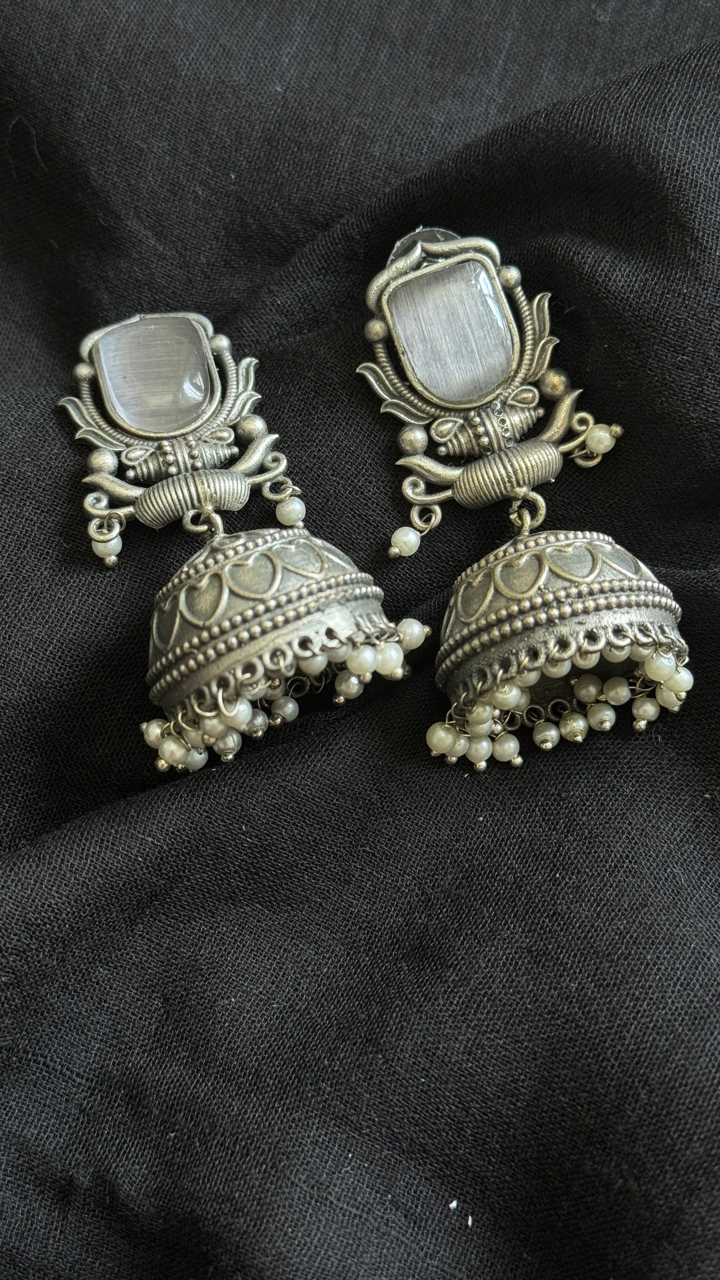 Antique Bloom - Traditional Jhumka, Black Stone, Grey Beads