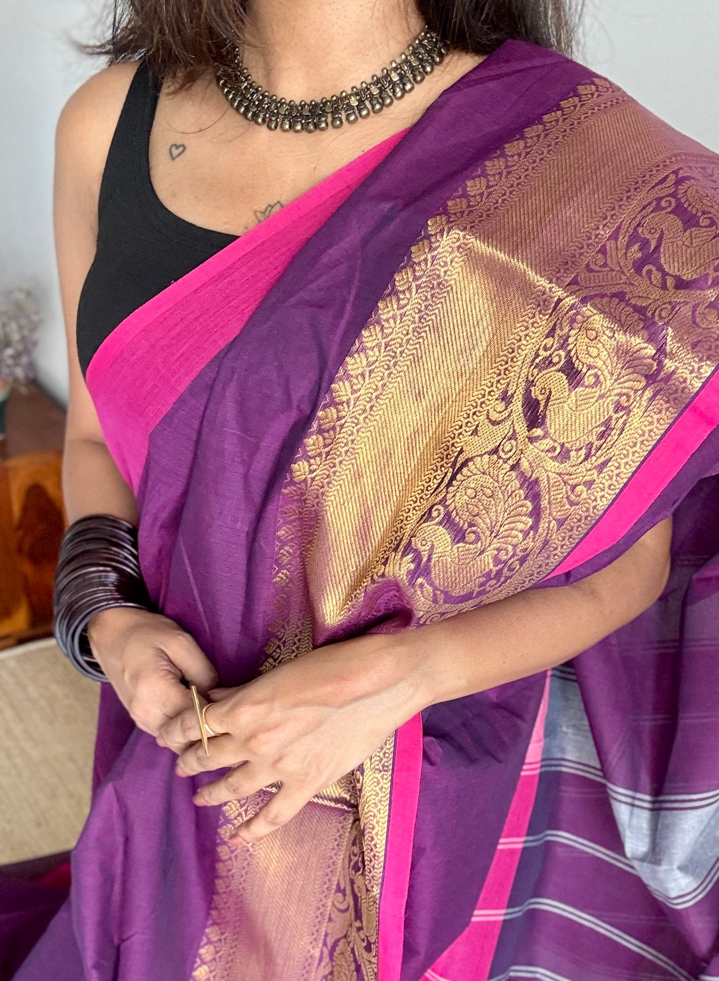 Purple Pink, one side broad zari - Chettinad Soft Cotton - YCCL406
