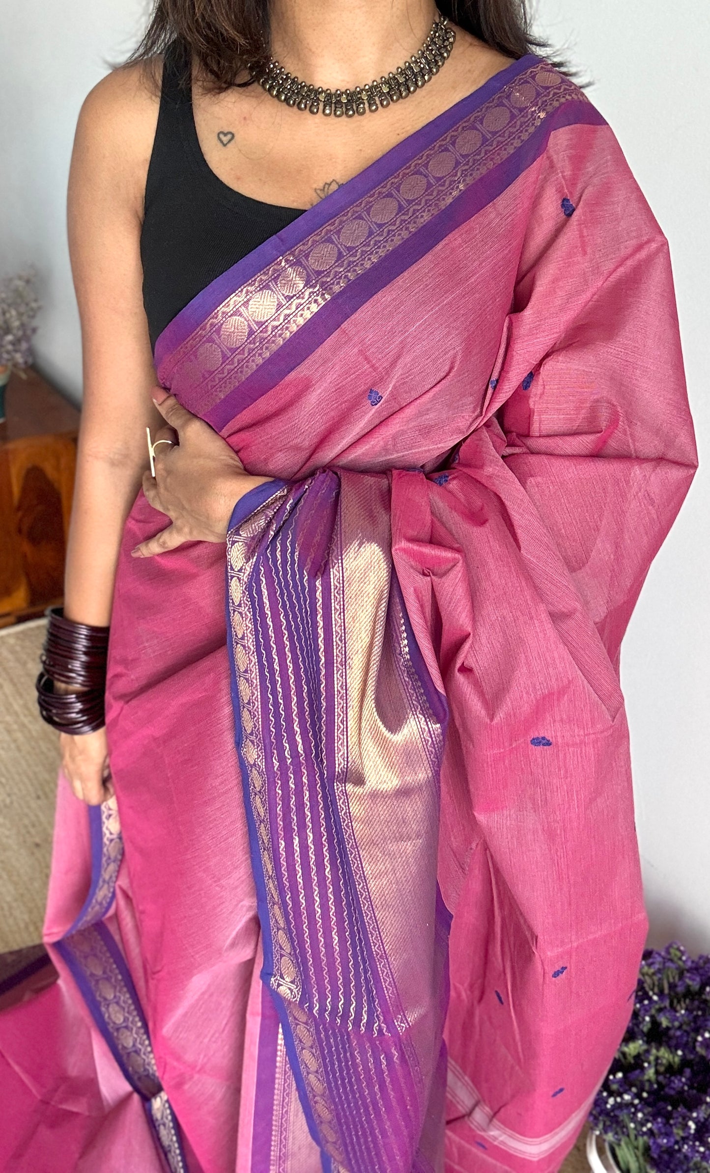 Pink with Violet and Purple Pink one side broad zari - Chettinad Soft Cotton - YCCL402