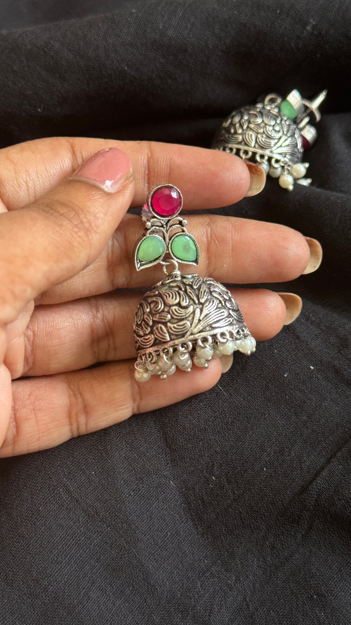 Small Jhumka - Silver, dark pink & mint stones