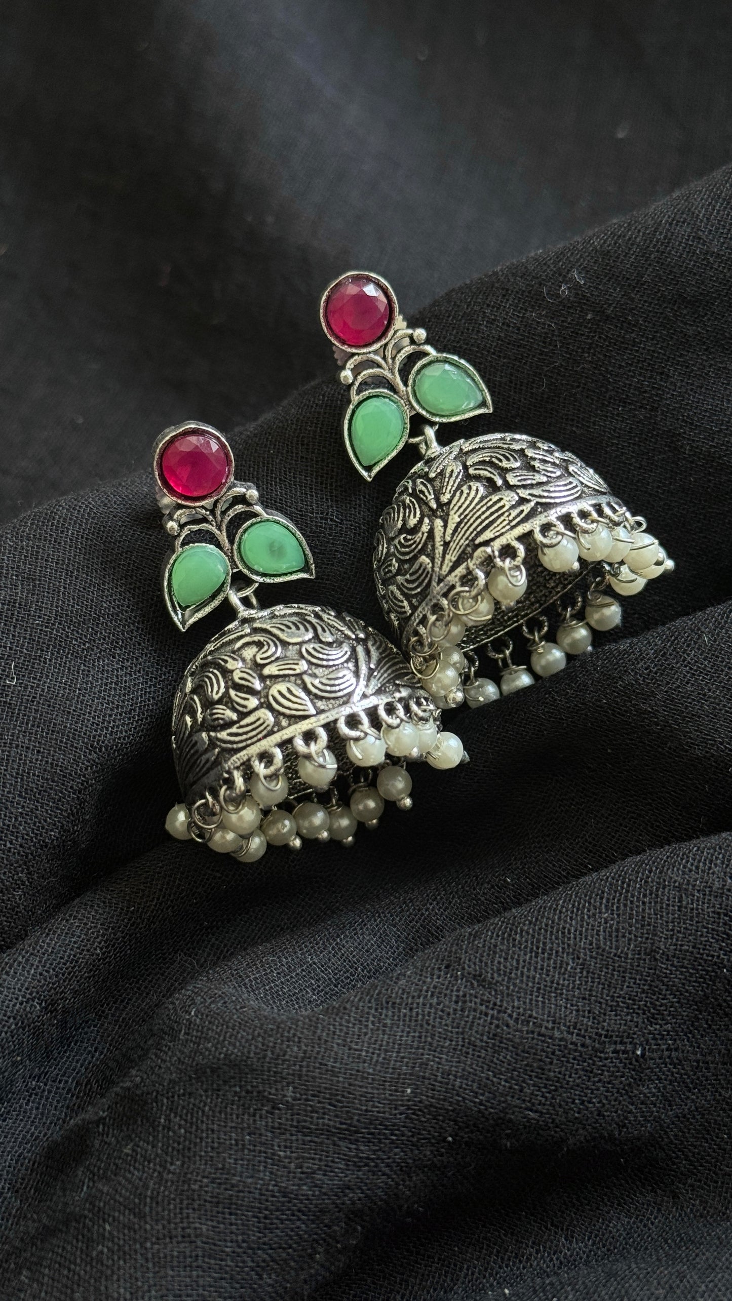Small Jhumka - Silver, dark pink & mint stones