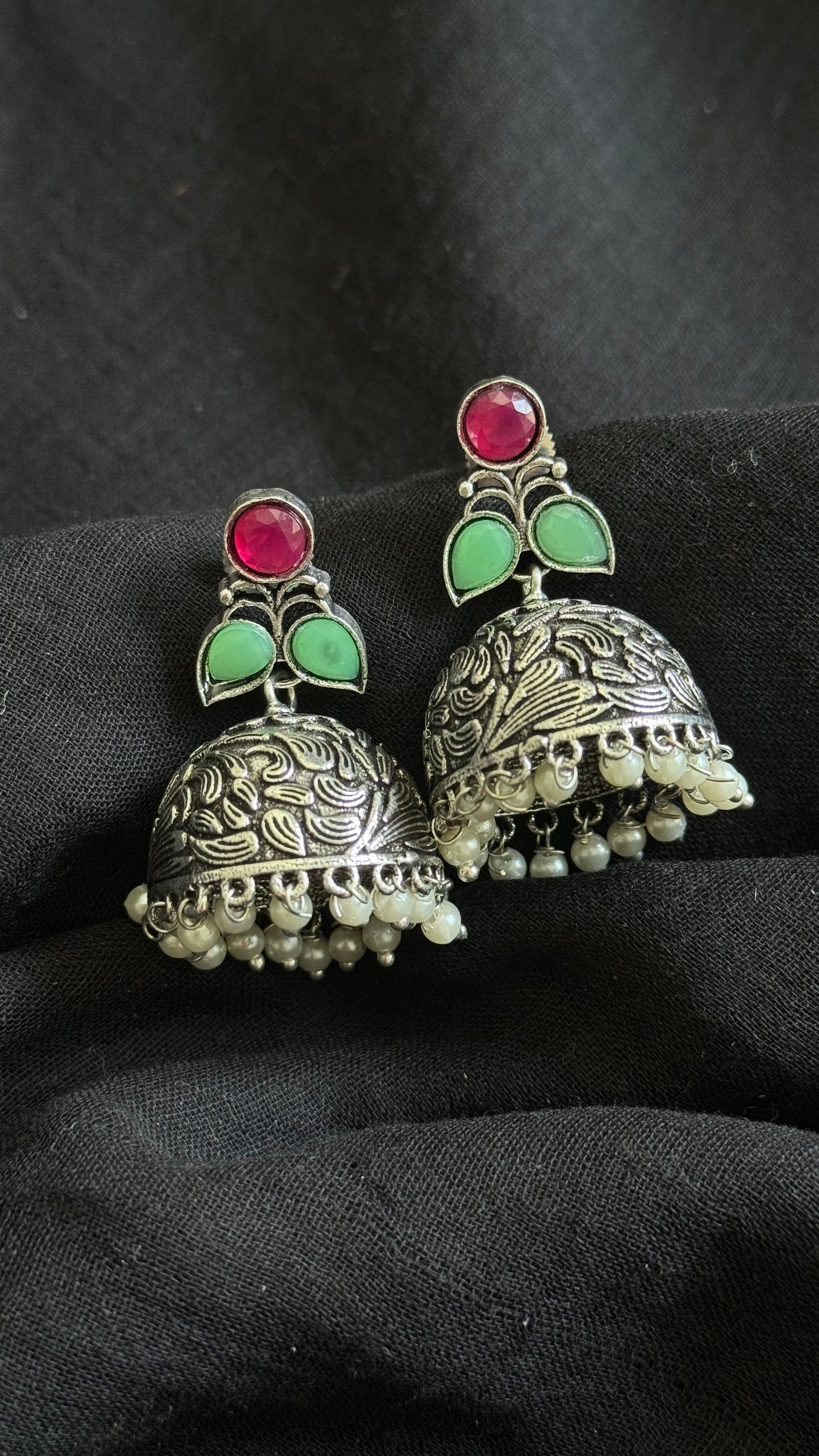 Small Jhumka - Silver, dark pink & mint stones