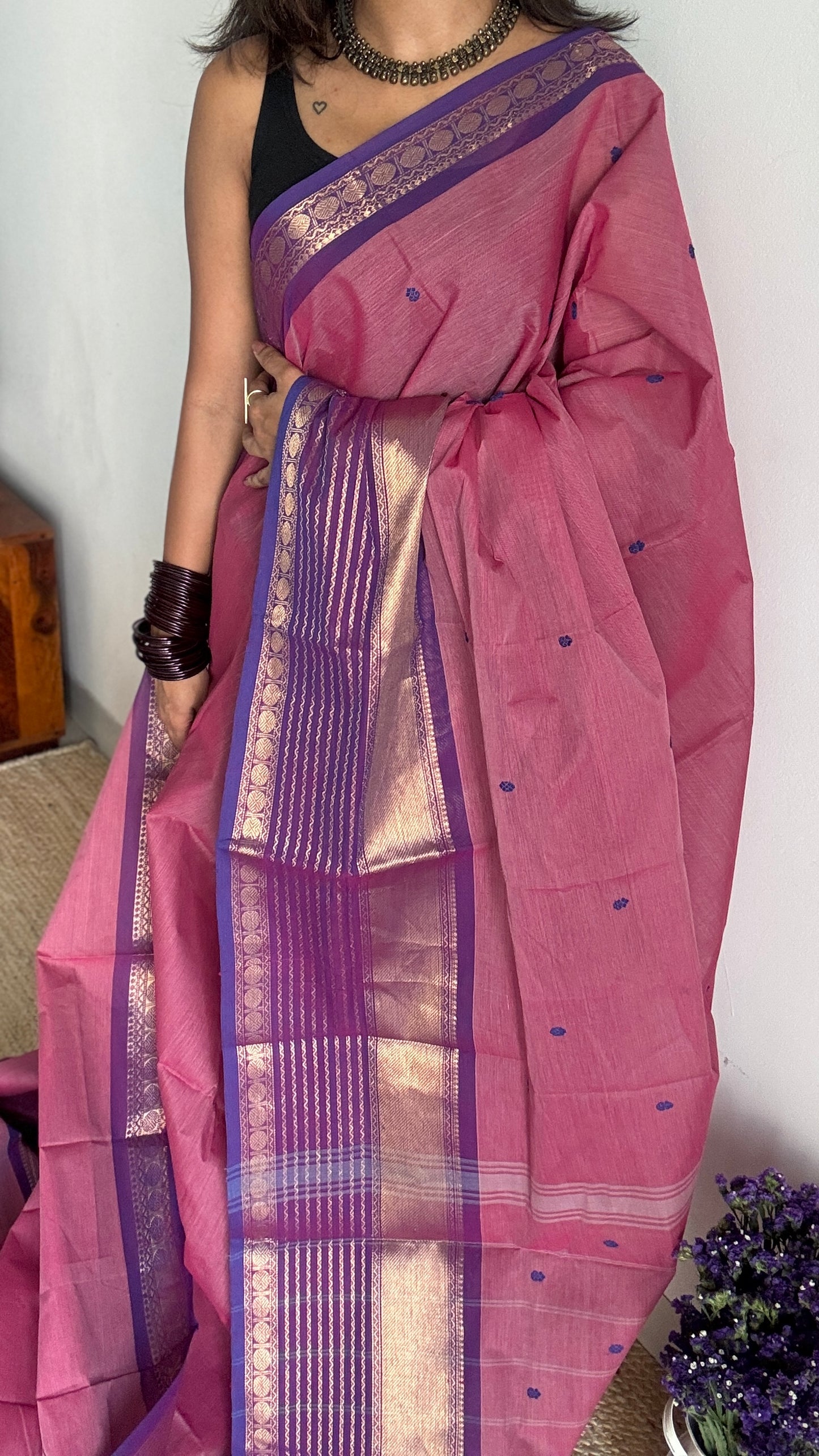 Pink with Violet and Purple Pink one side broad zari - Chettinad Soft Cotton - YCCL402