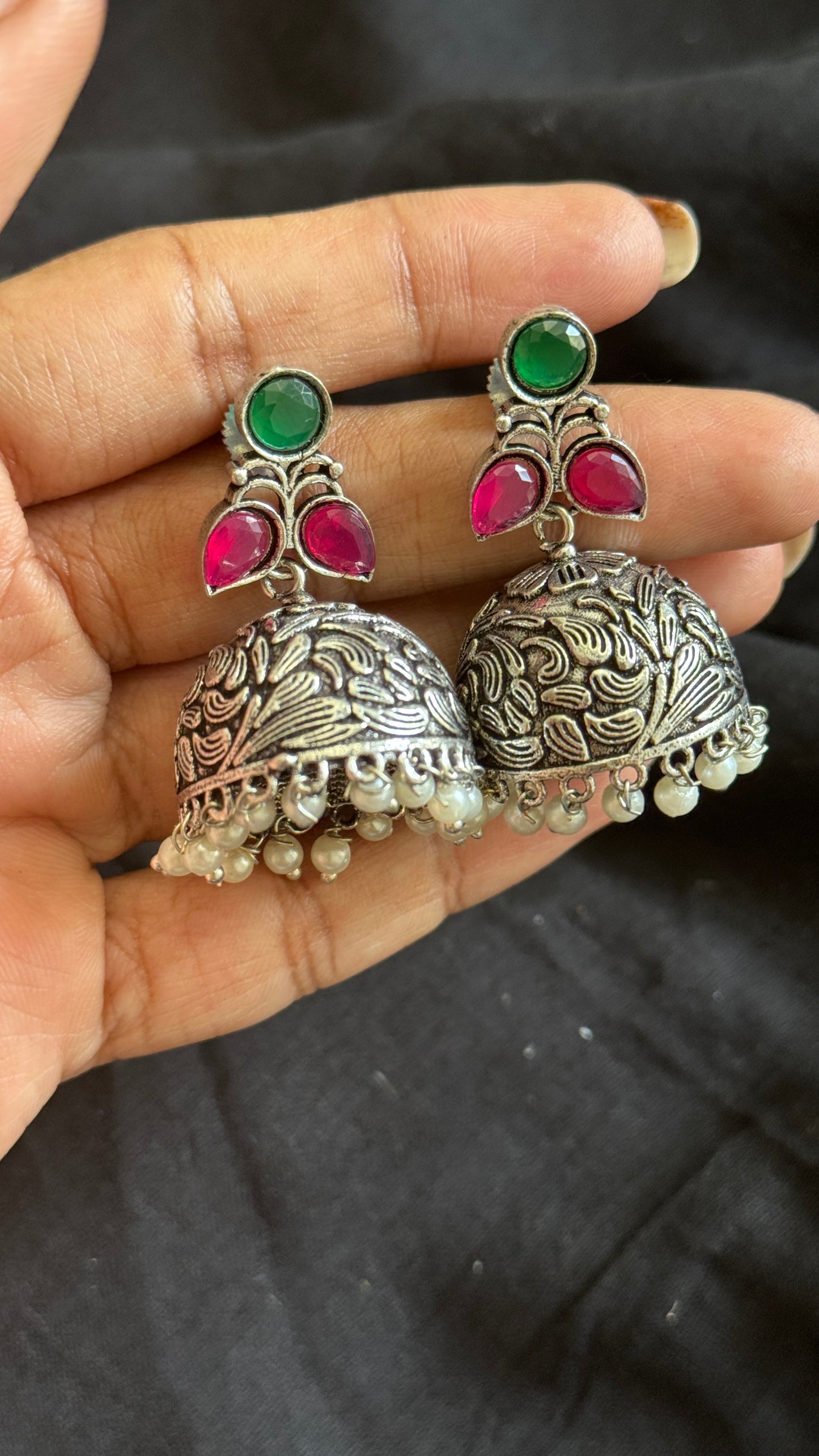 Small Jhumka - Silver, dark pink & green stones