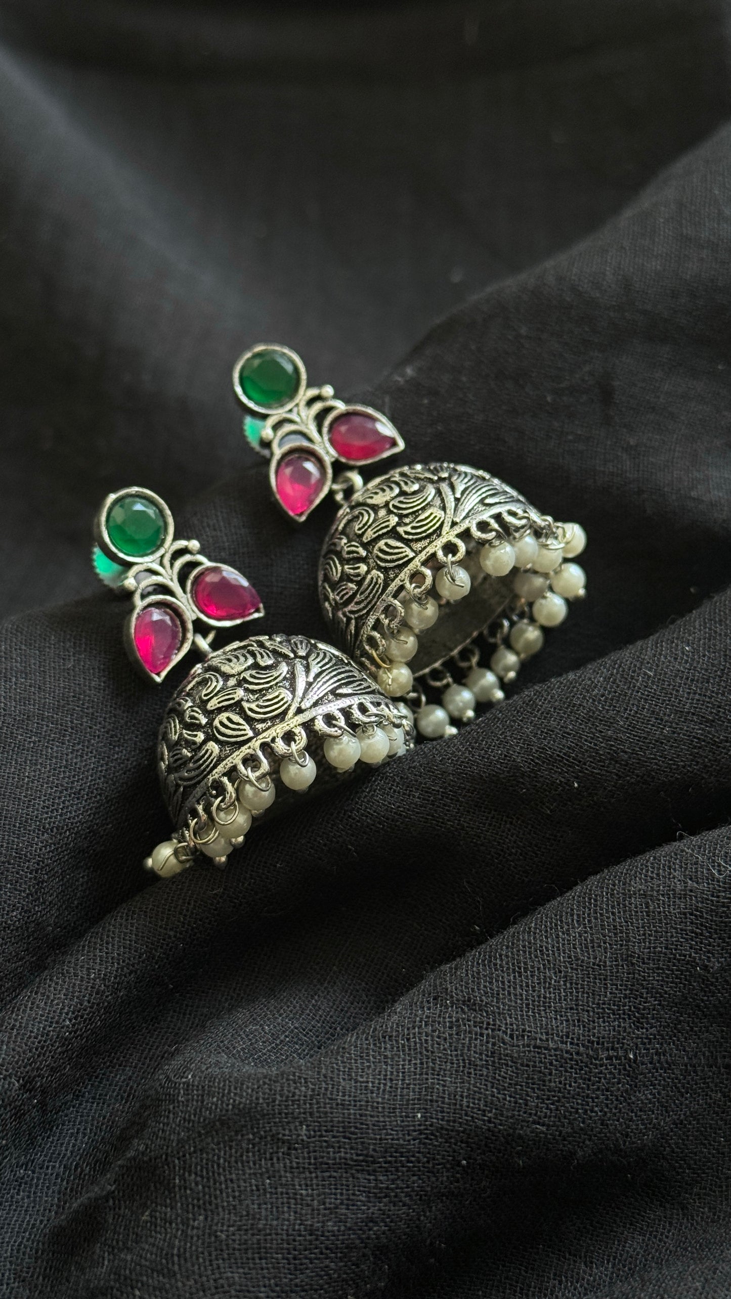 Small Jhumka - Silver, dark pink & green stones