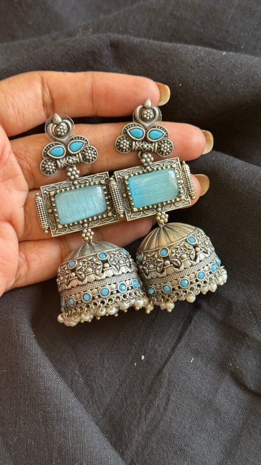Heavy Jhumka - Silver & aqua blue