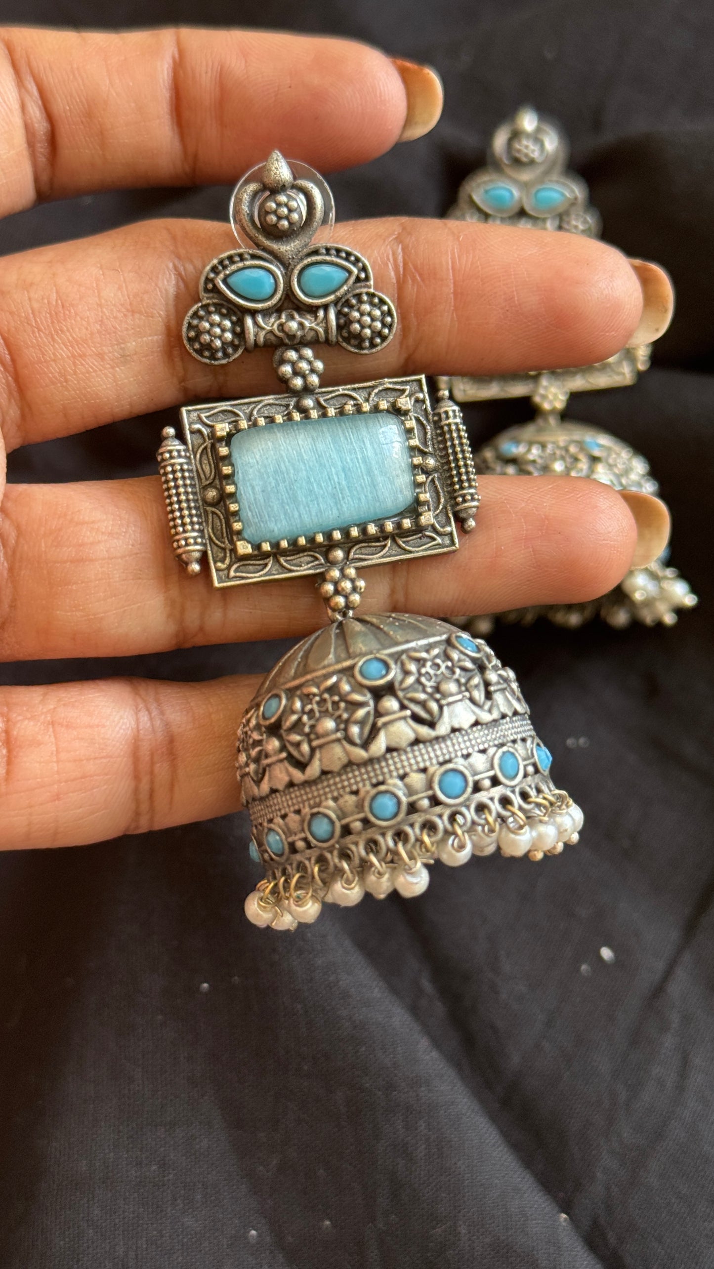 Heavy Jhumka - Silver & aqua blue
