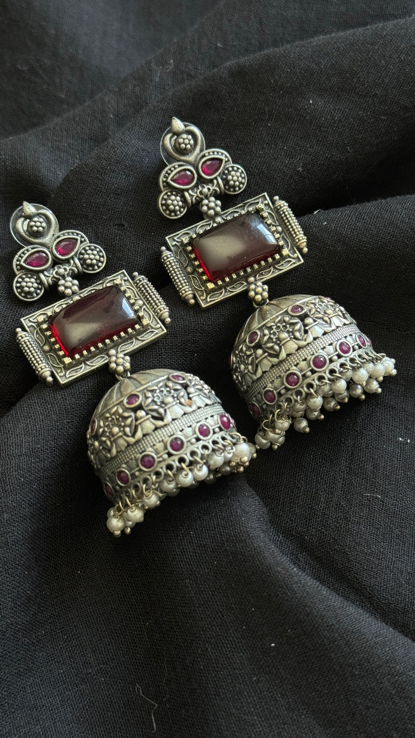 Heavy Jhumka - Silver & red