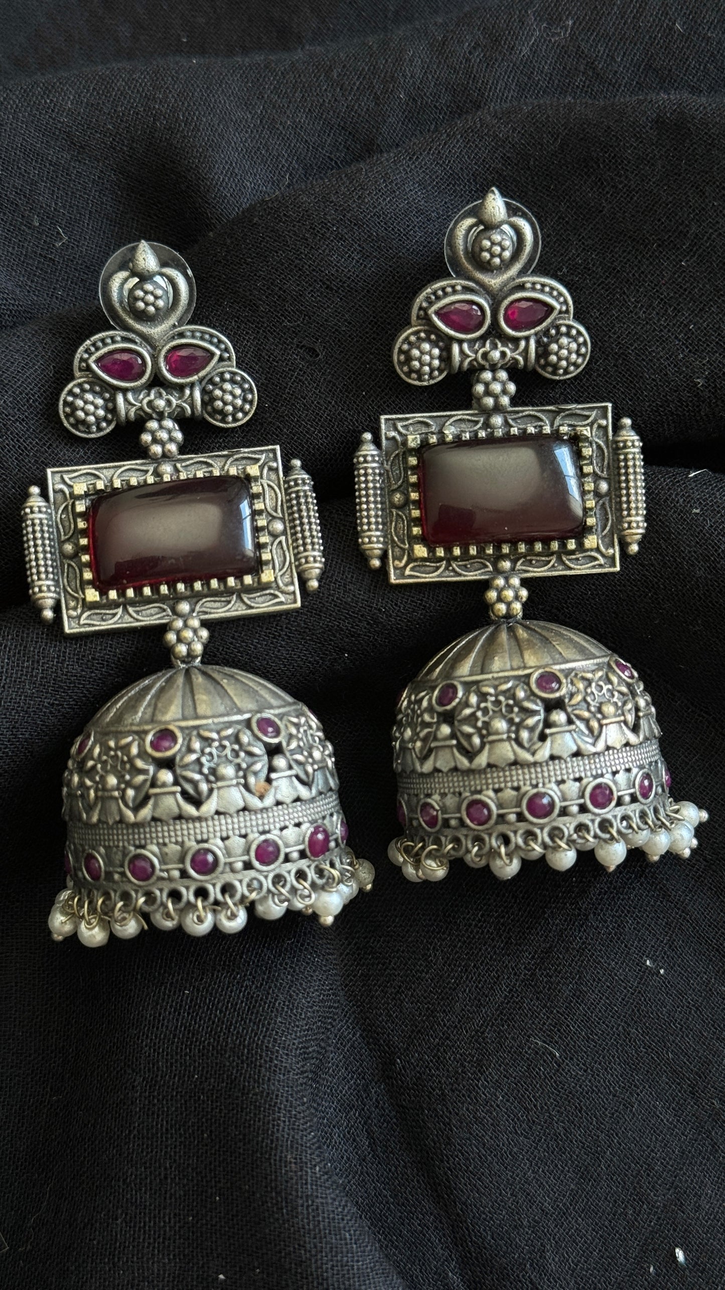 Heavy Jhumka - Silver & red