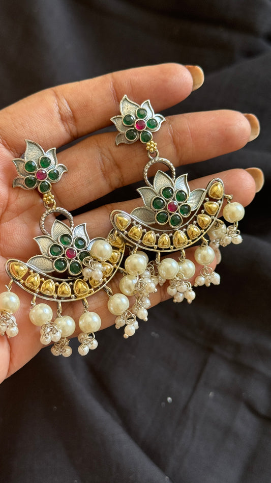 Double Tone Danglers - Silver & gold - green & red with pearl hangings - YCOSED33