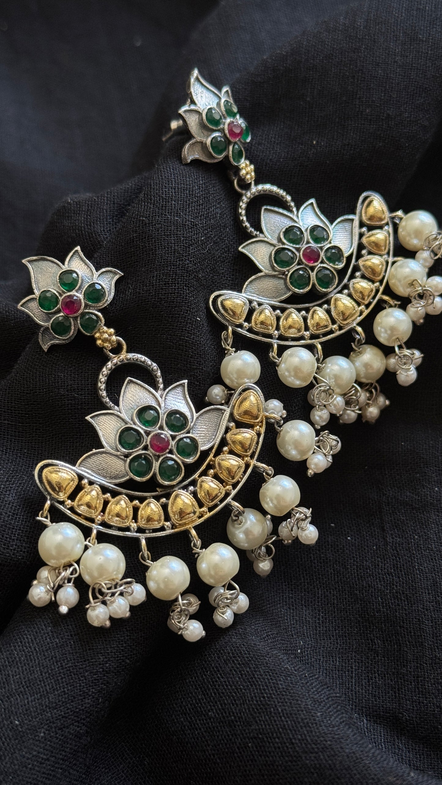 Double Tone Danglers - Silver & gold - green & red with pearl hangings - YCOSED33