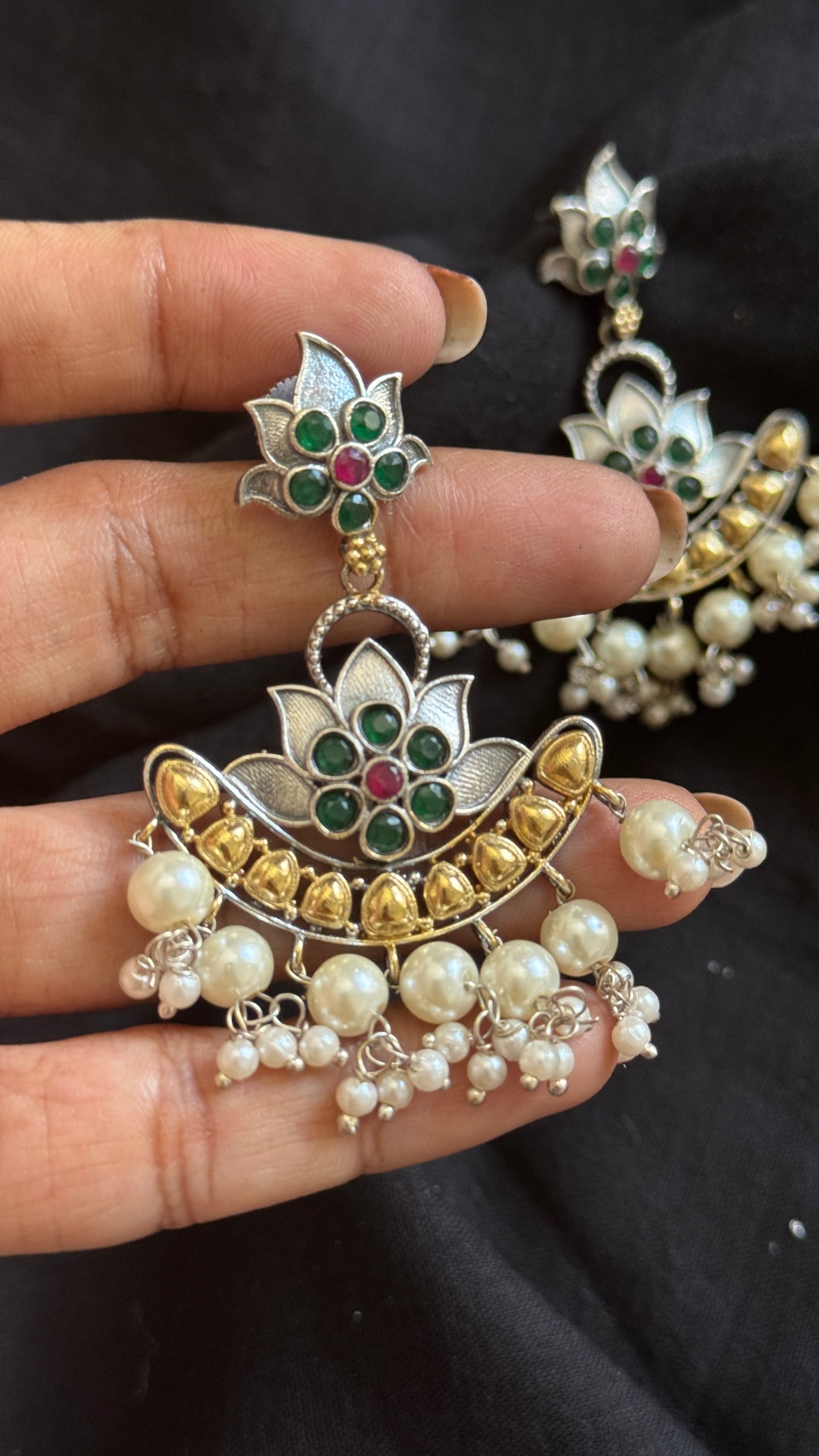Double Tone Danglers - Silver & gold - green & red with pearl hangings - YCOSED33