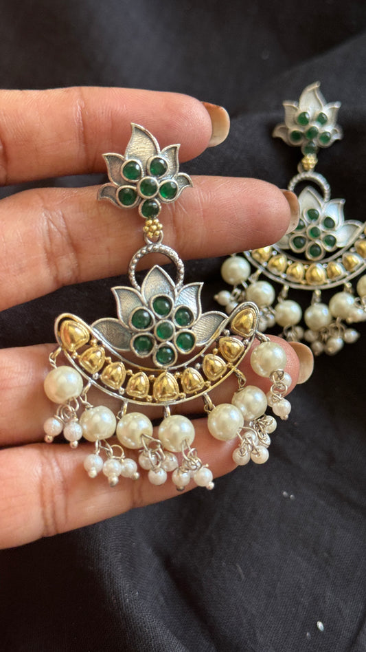 Double Tone Danglers - Silver & gold - green with pearl hangings - YCOSED31