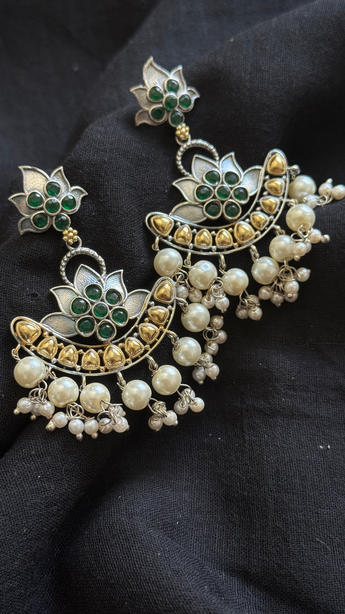 Double Tone Danglers - Silver & gold - green with pearl hangings - YCOSED31