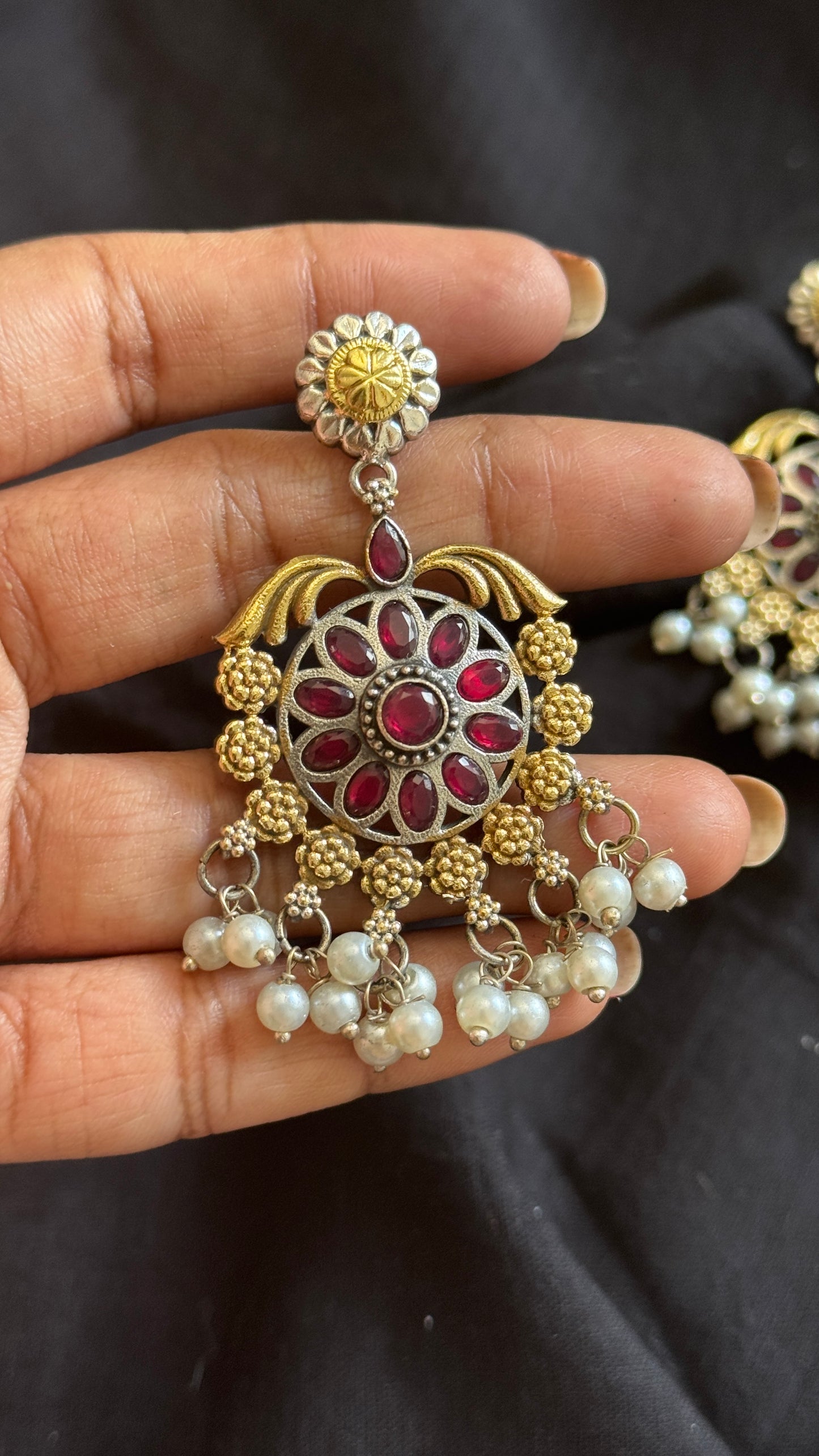 Double Tone Danglers - Silver & gold - red with pearl hangings - YCOSED30