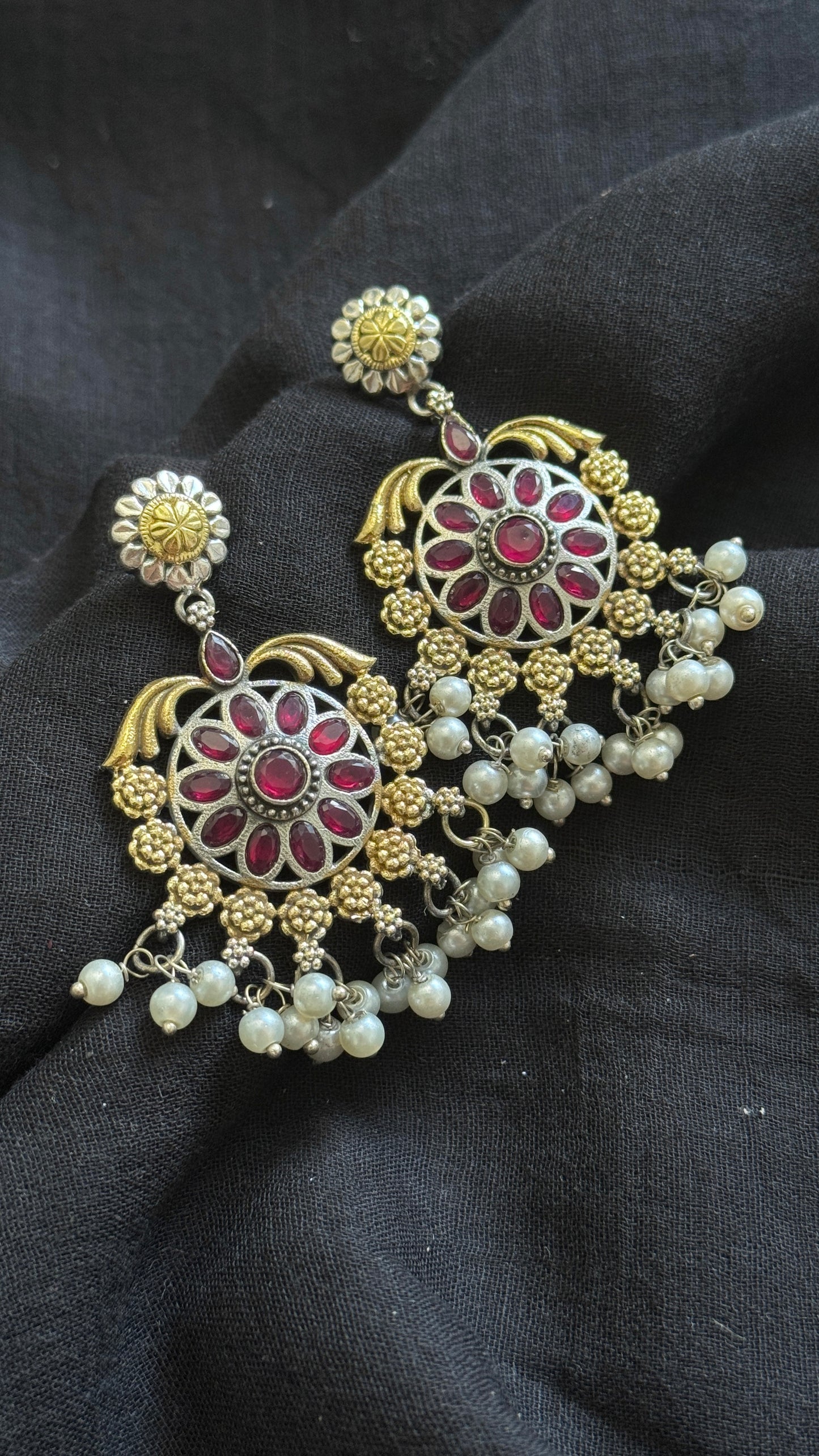 Double Tone Danglers - Silver & gold - red with pearl hangings - YCOSED30