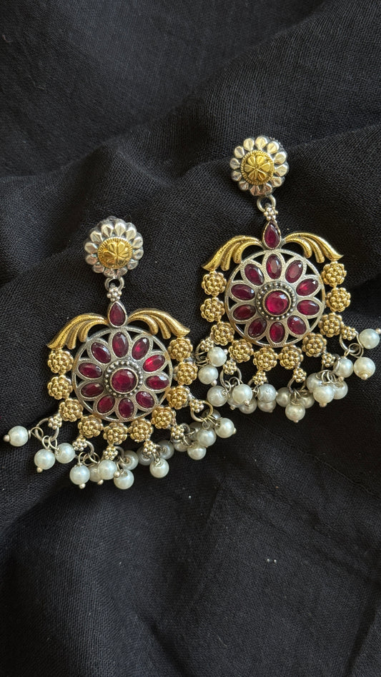 Double Tone Danglers - Silver & gold - red with pearl hangings - YCOSED30