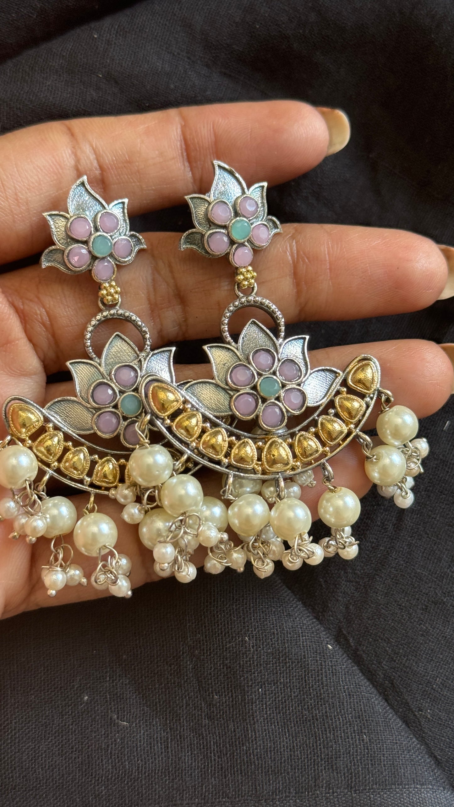 Double Tone Danglers - Silver & gold - pastel pink with pearl hangings