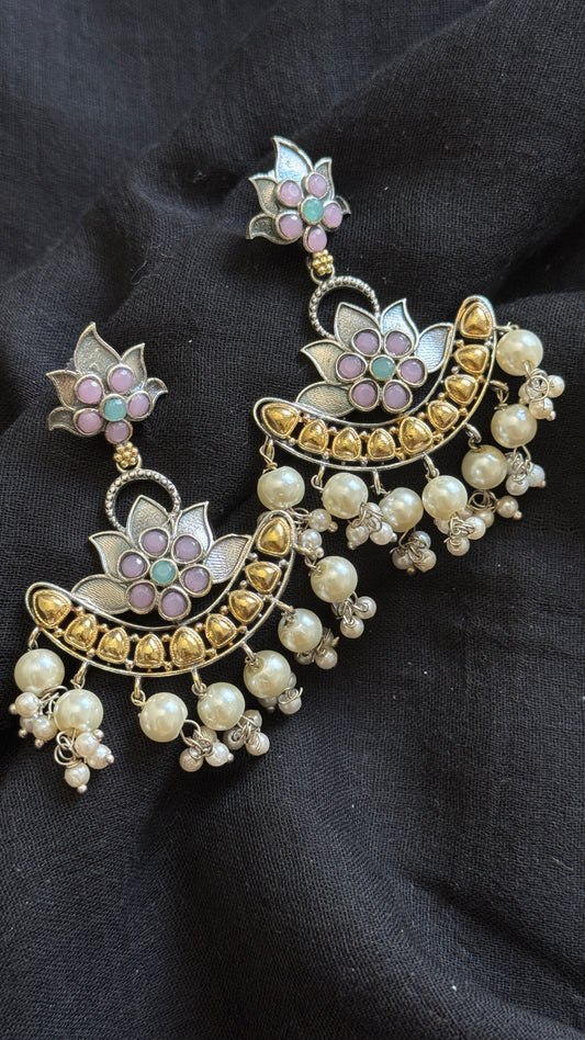 Double Tone Danglers - Silver & gold - pastel pink with pearl hangings