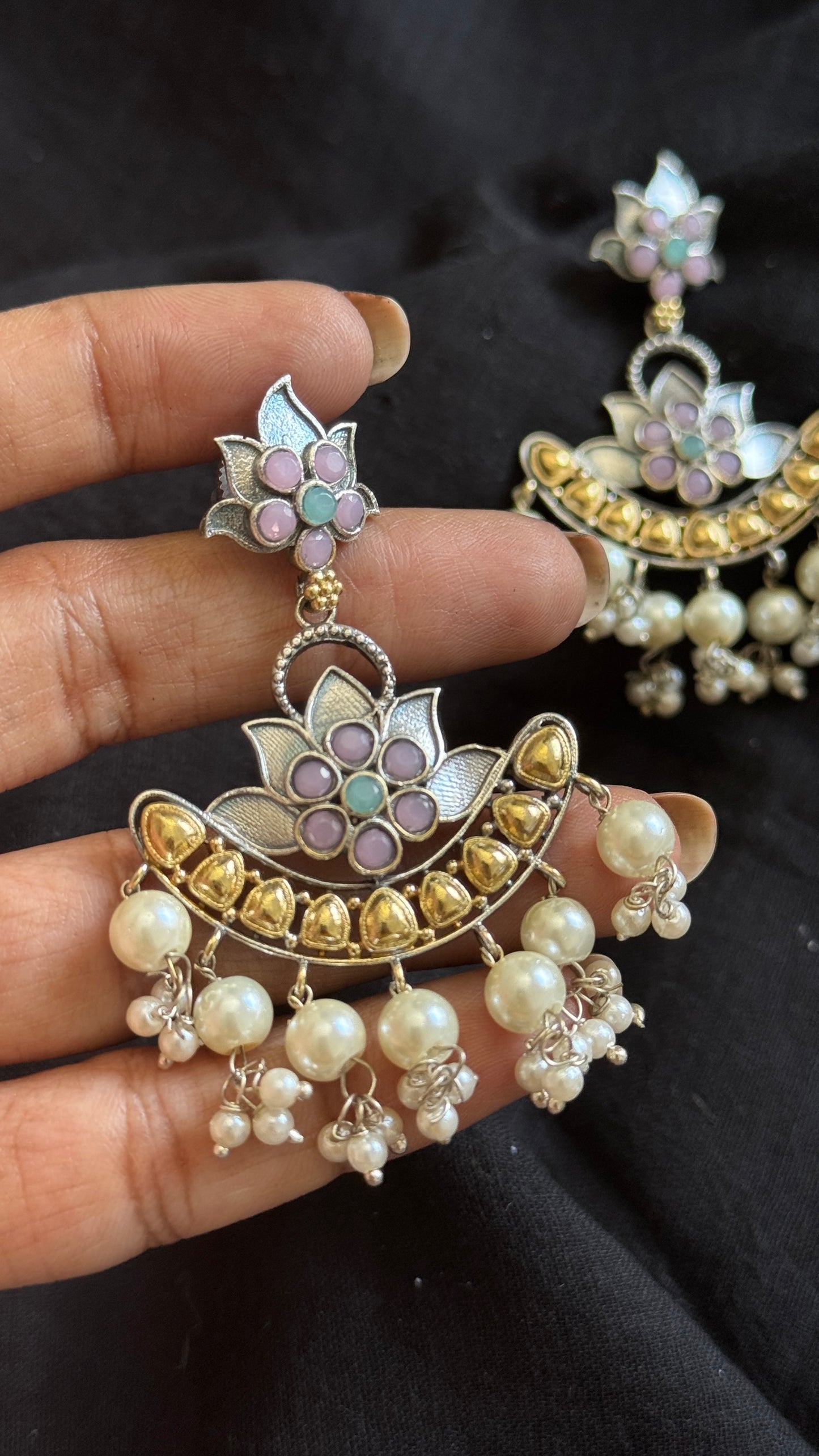 Double Tone Danglers - Silver & gold - pastel pink with pearl hangings