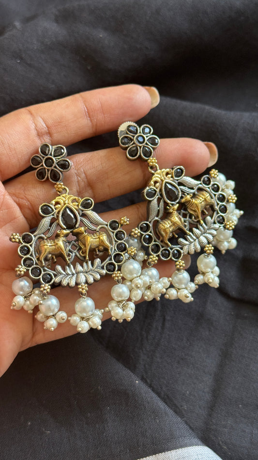 Double Tone Danglers - Silver & gold - black with pearl hangings