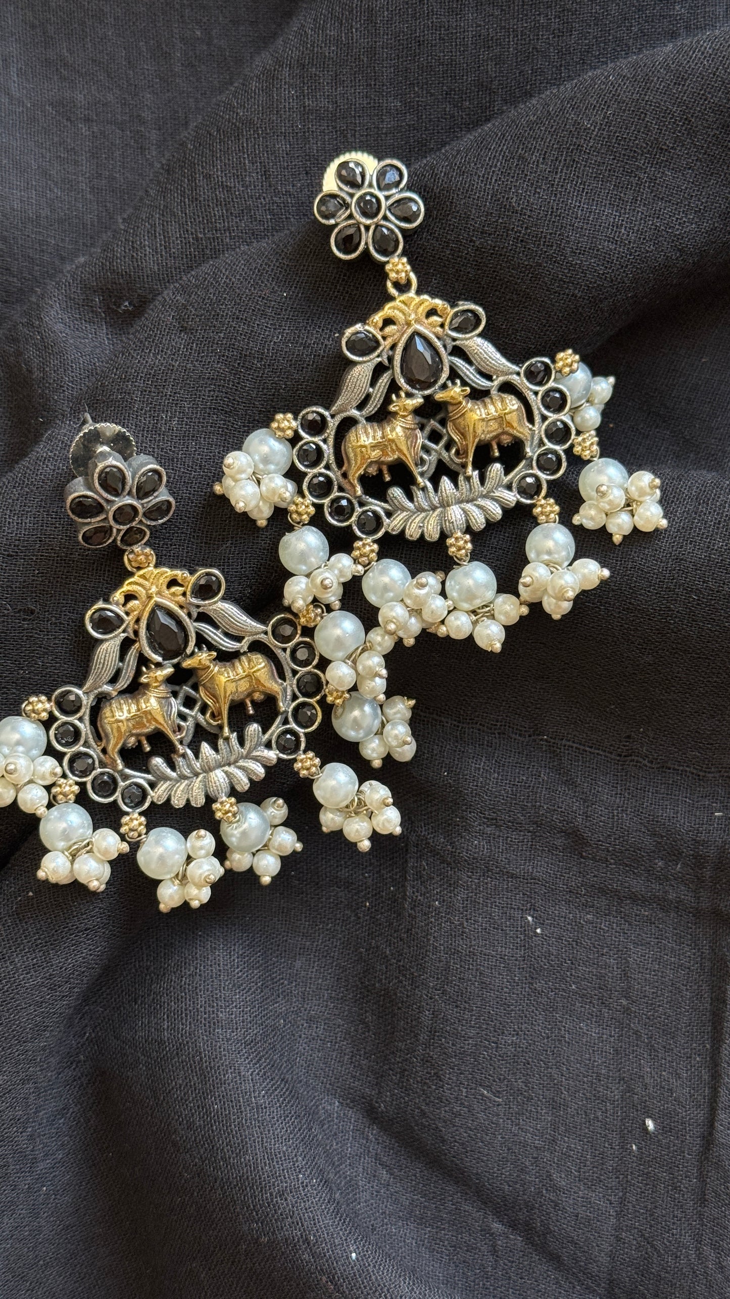 Double Tone Danglers - Silver & gold - black with pearl hangings