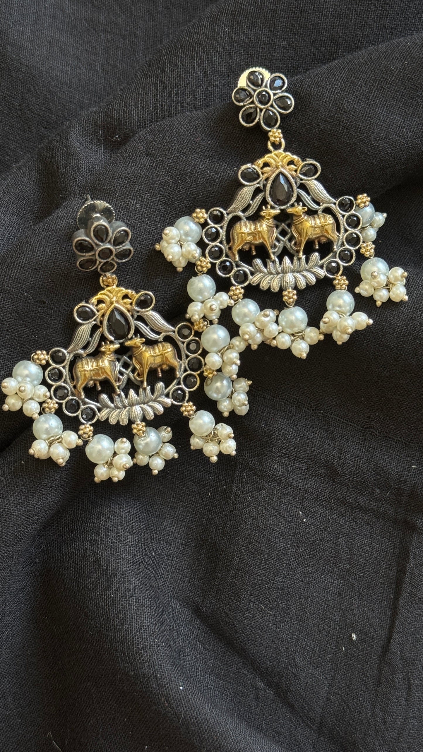 Double Tone Danglers - Silver & gold - black with pearl hangings
